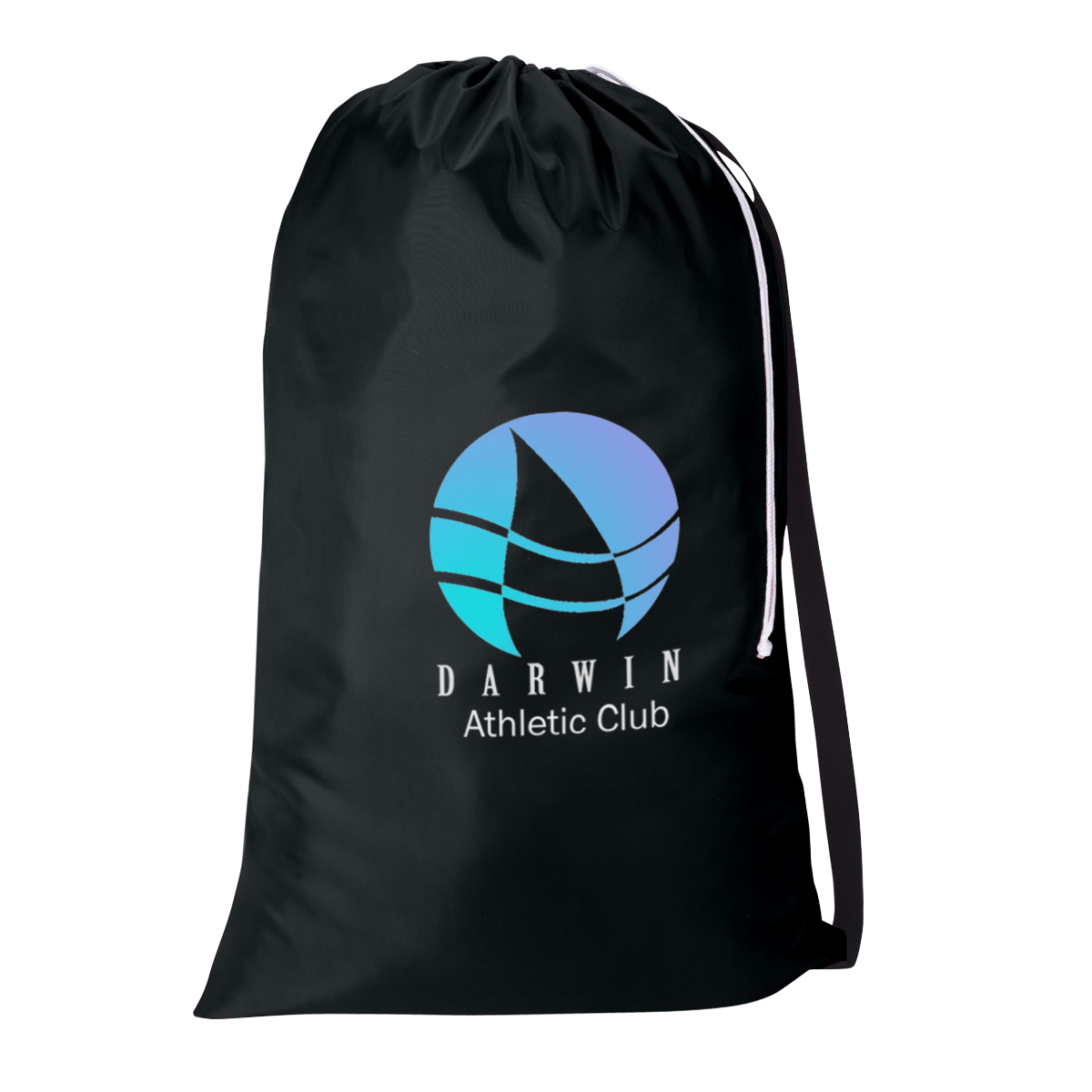 Black Drawstring Utility Bag 23" x 35.5" made from durable 210D polyester with a drawstring closure and black nylon shoulder strap, designed for carrying laundry, sports gear, camping equipment, or oversized everyday essentials.