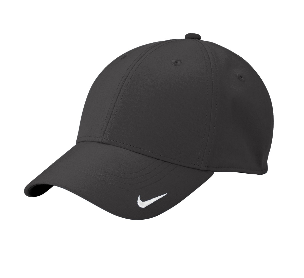 Nike Dri-FIT Legacy performance cap with moisture-wicking polyester-spandex fabric, lightly structured front panels, mid-profile crown, hook-and-loop closure, and contrast embroidered Swoosh logo on the bill.