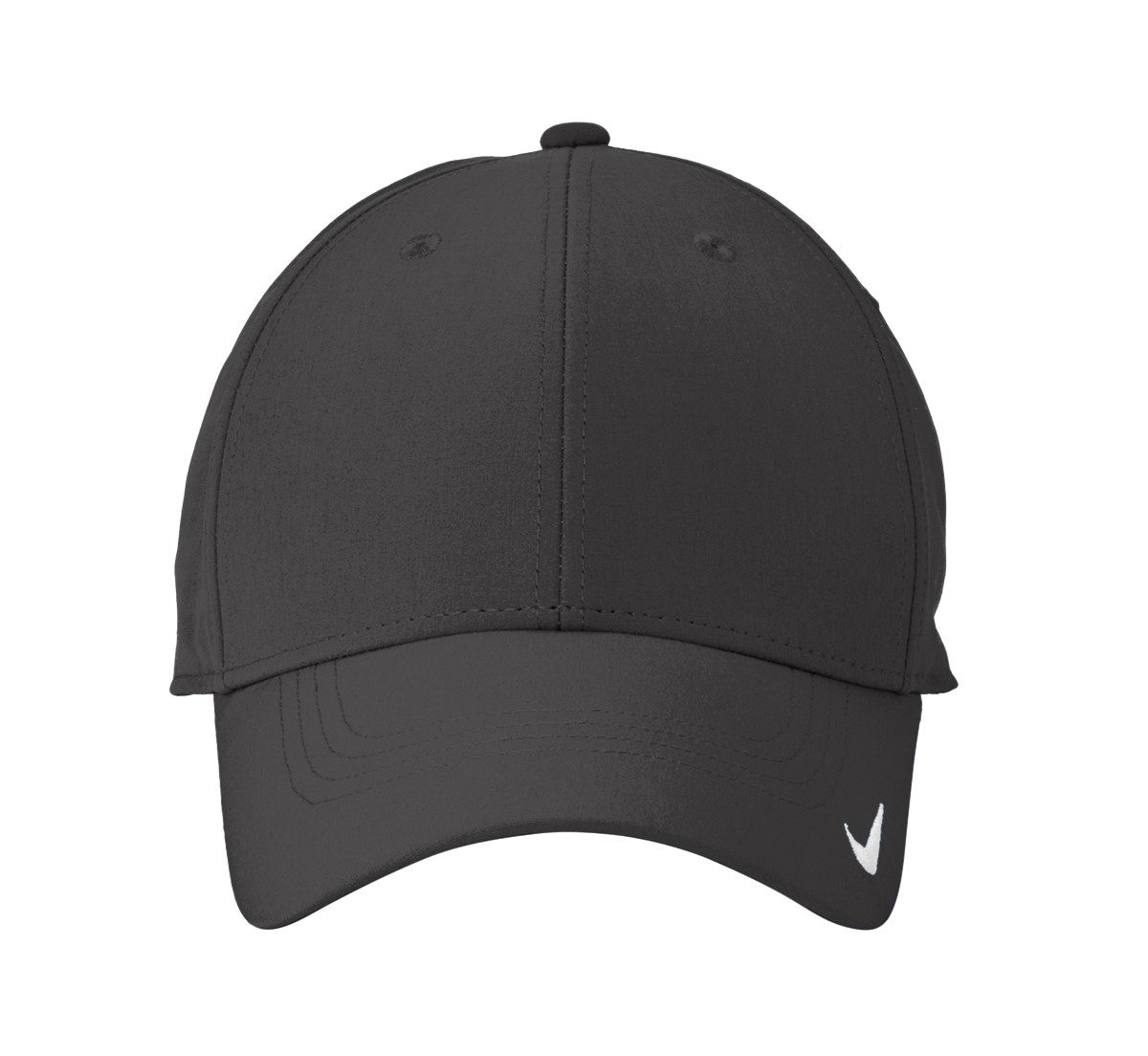 Nike Dri-FIT Legacy performance cap with moisture-wicking polyester-spandex fabric, lightly structured front panels, mid-profile crown, hook-and-loop closure, and contrast embroidered Swoosh logo on the bill.