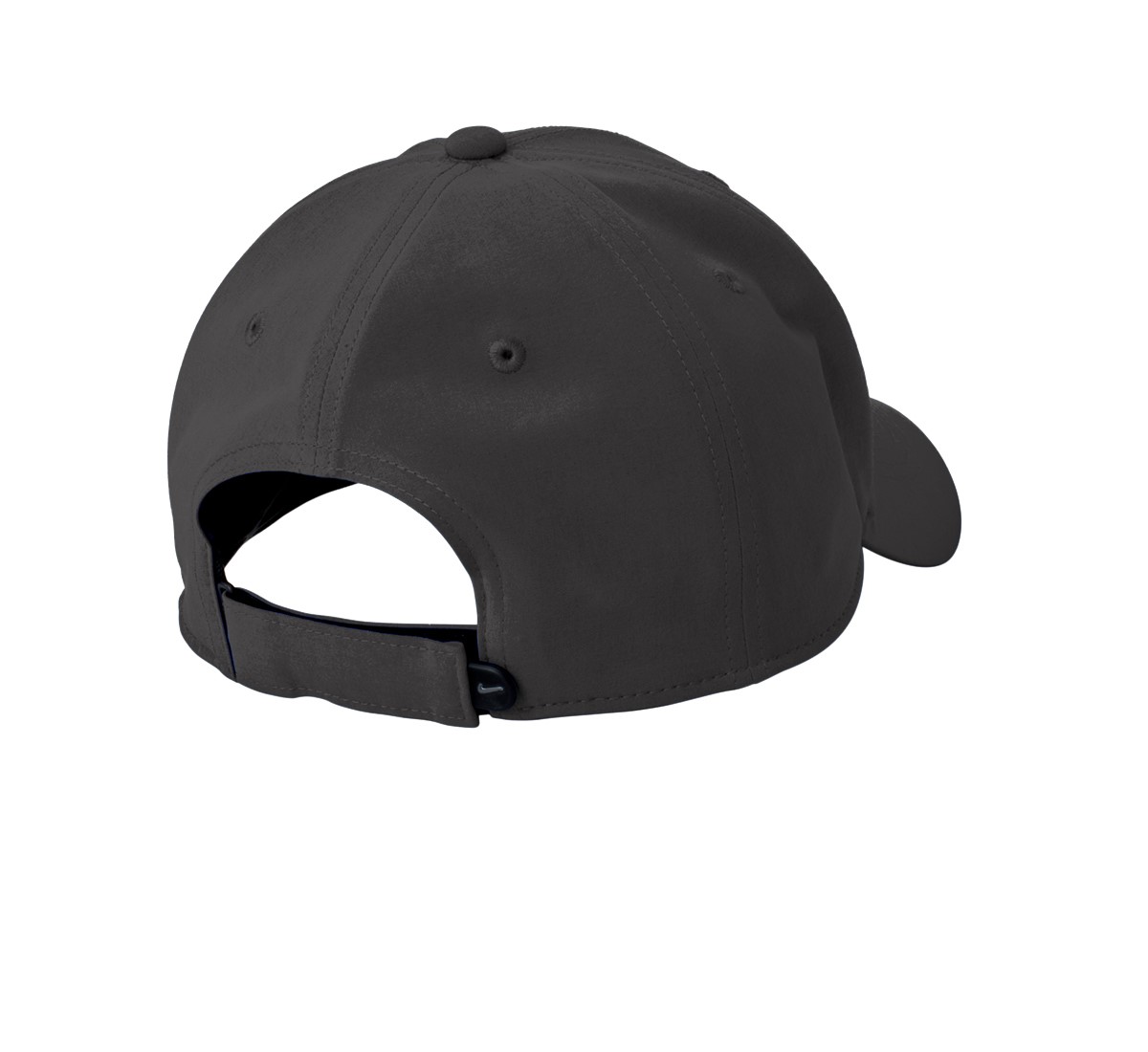 Nike Dri-FIT Legacy performance cap with moisture-wicking polyester-spandex fabric, lightly structured front panels, mid-profile crown, hook-and-loop closure, and contrast embroidered Swoosh logo on the bill.