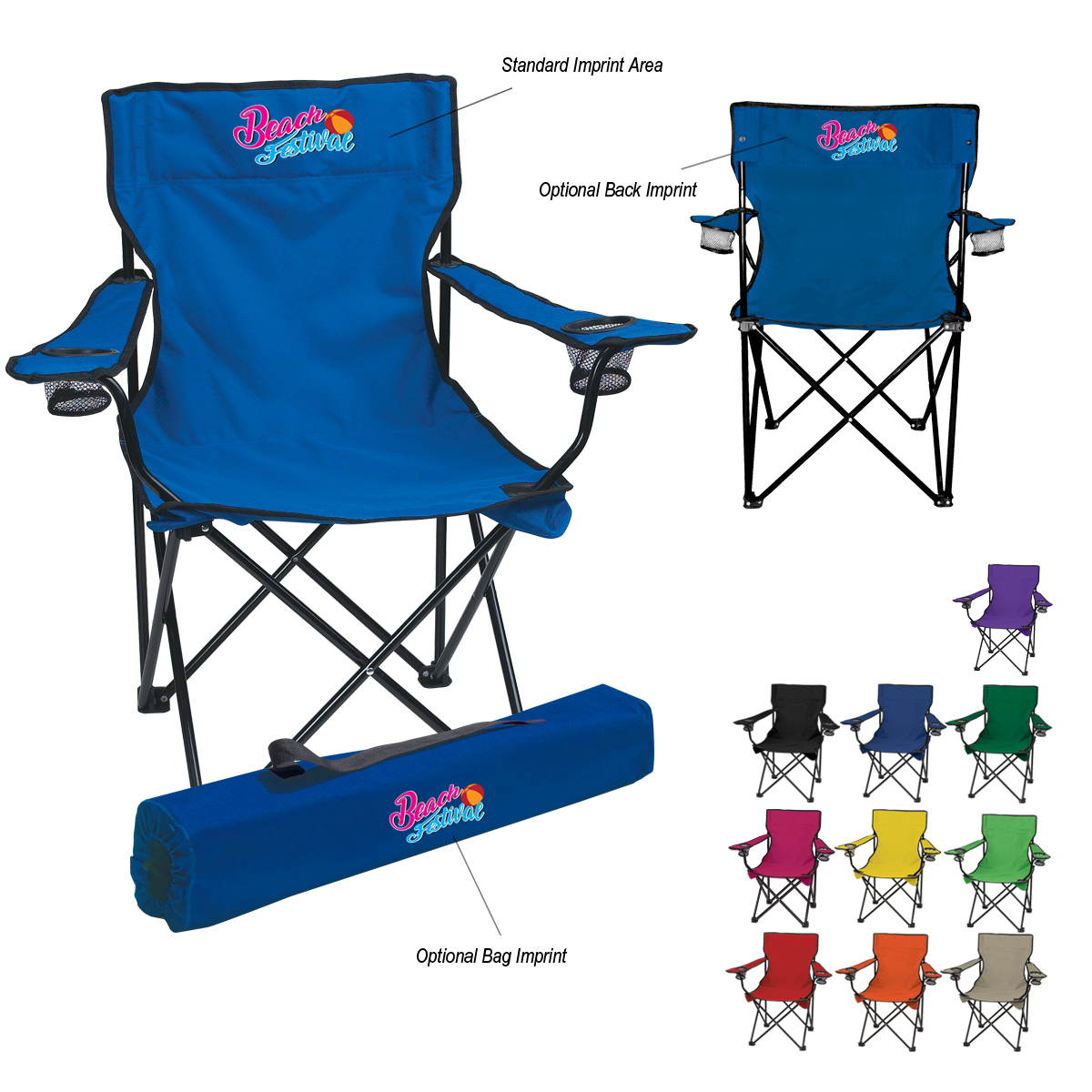 Folding Chair with Carrying Bag featuring a 600D polyester seat and backrest, durable steel tubular frame, dual mesh cup holders, and a matching drawstring shoulder carry bag, ideal for camping, outdoor events, tailgating, and backyard relaxation.