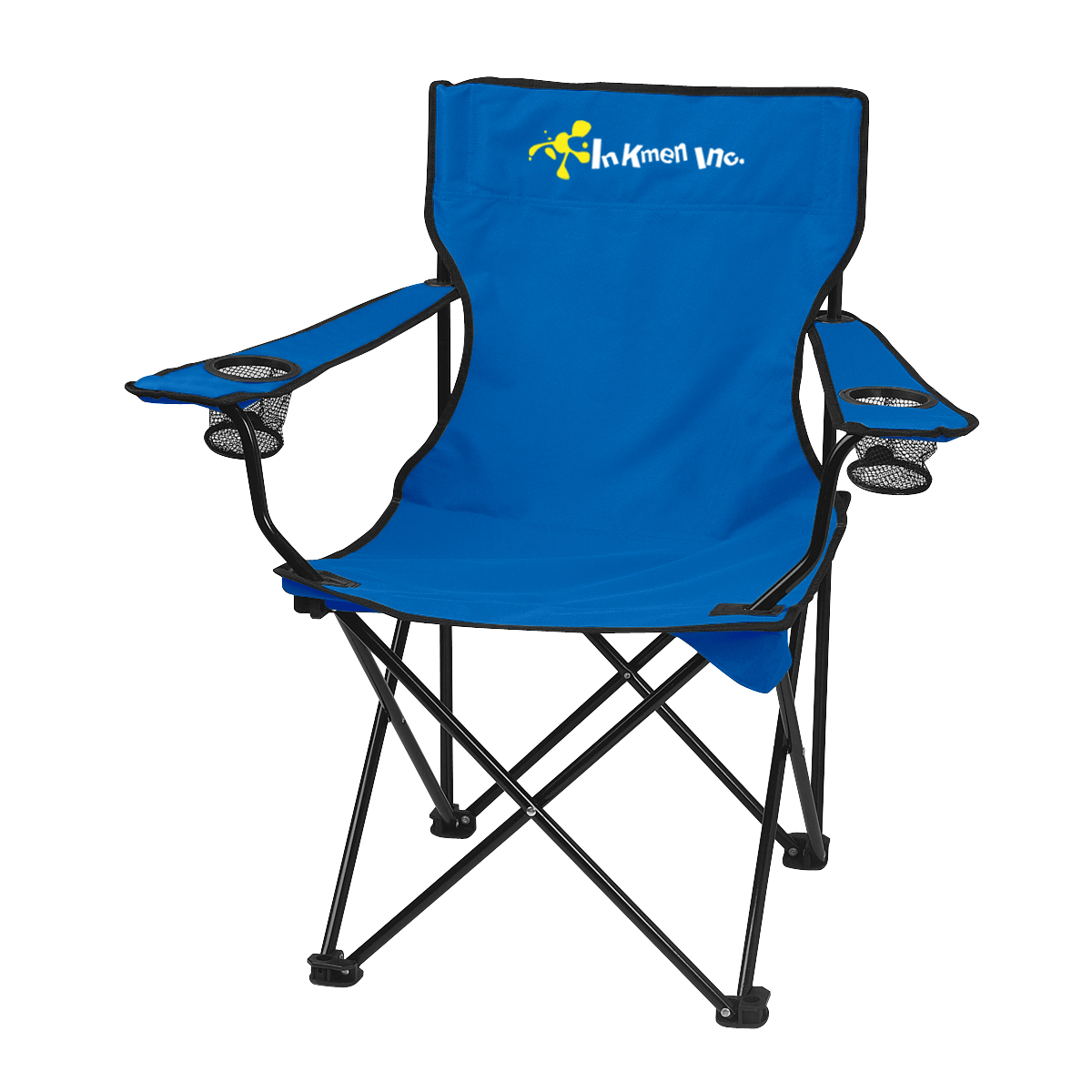 Royal Blue/Black Folding Chair with Carrying Bag featuring a 600D polyester seat and backrest, durable steel tubular frame, dual mesh cup holders, and a matching drawstring shoulder carry bag, ideal for camping, outdoor events, tailgating, and backyard relaxation.