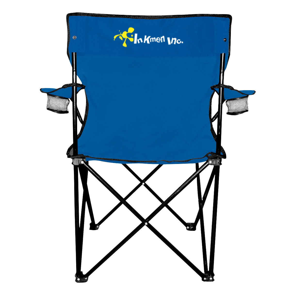Royal Blue/Black Folding Chair with Carrying Bag featuring a 600D polyester seat and backrest, durable steel tubular frame, dual mesh cup holders, and a matching drawstring shoulder carry bag, ideal for camping, outdoor events, tailgating, and backyard relaxation.