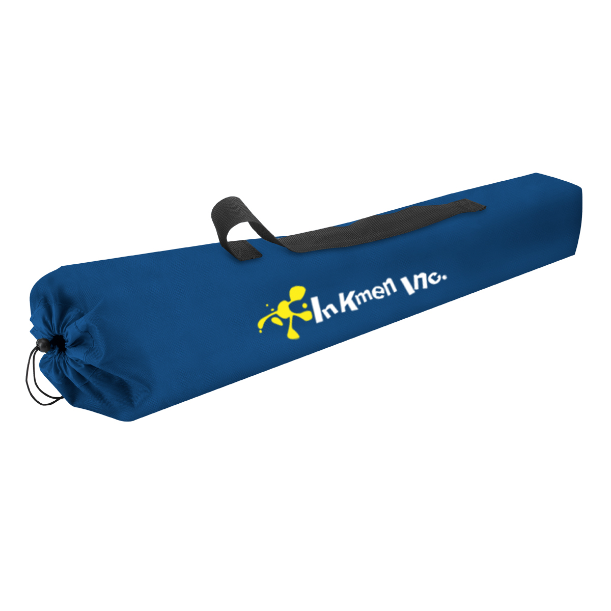 Royal Blue/Black Folding Chair with Carrying Bag featuring a 600D polyester seat and backrest, durable steel tubular frame, dual mesh cup holders, and a matching drawstring shoulder carry bag, ideal for camping, outdoor events, tailgating, and backyard relaxation.