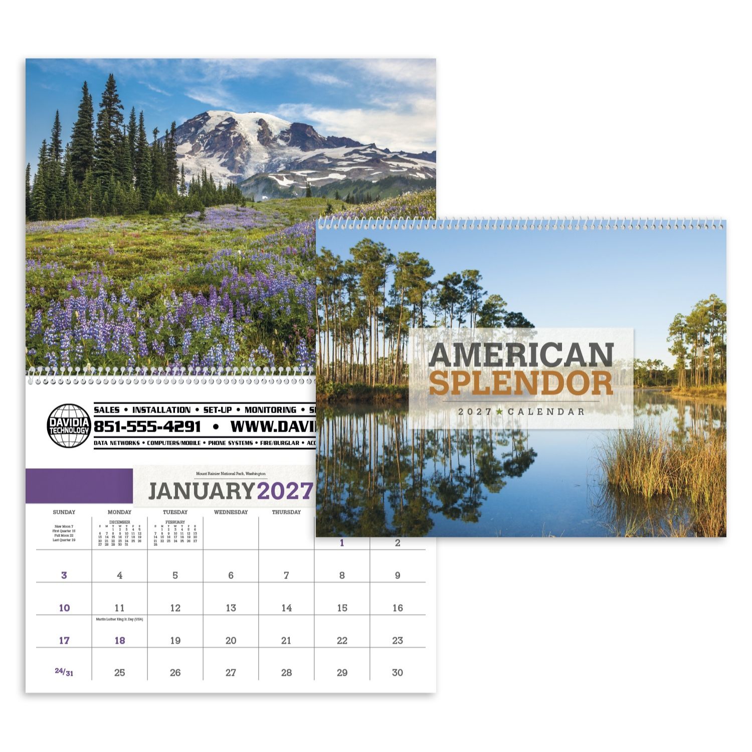 2027 American Splendor wall calendar featuring colorful scenic outdoor landscapes with a glossy cover and monthly calendar pages.