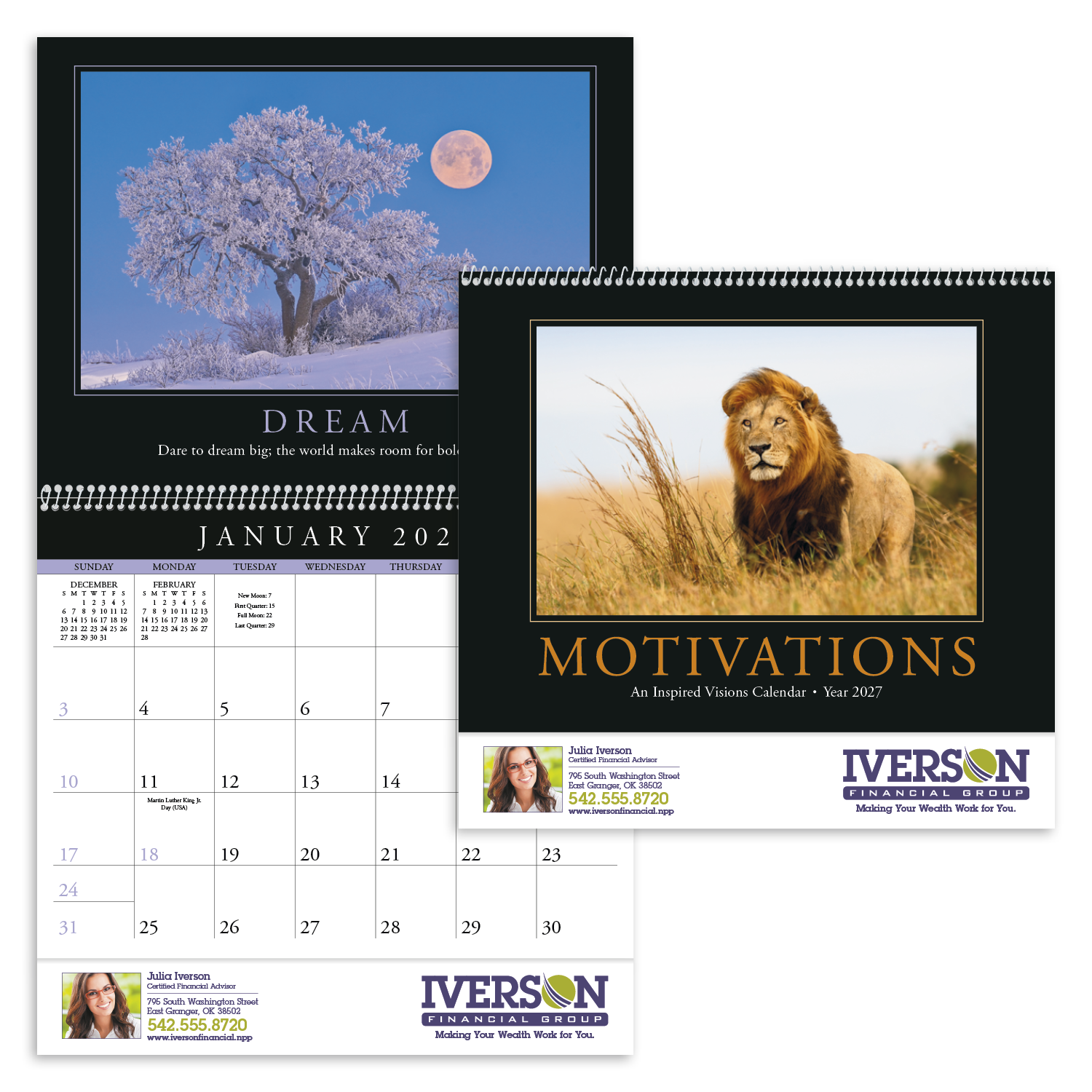 Motivations Spiral Calendar with a full-color scenic nature cover featuring an inspirational quote, white paper pages, and spiral binding, designed for year-round wall display in home, office, or workspace settings.