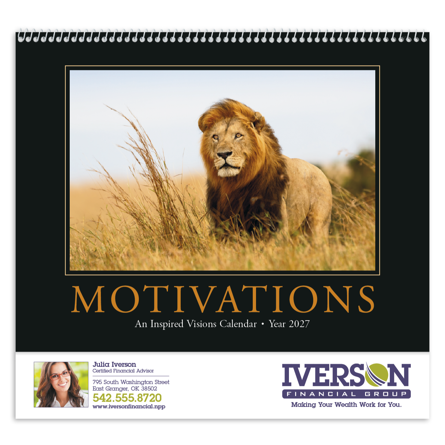 Motivations Spiral Calendar with a full-color scenic nature cover featuring an inspirational quote, white paper pages, and spiral binding, designed for year-round wall display in home, office, or workspace settings.
