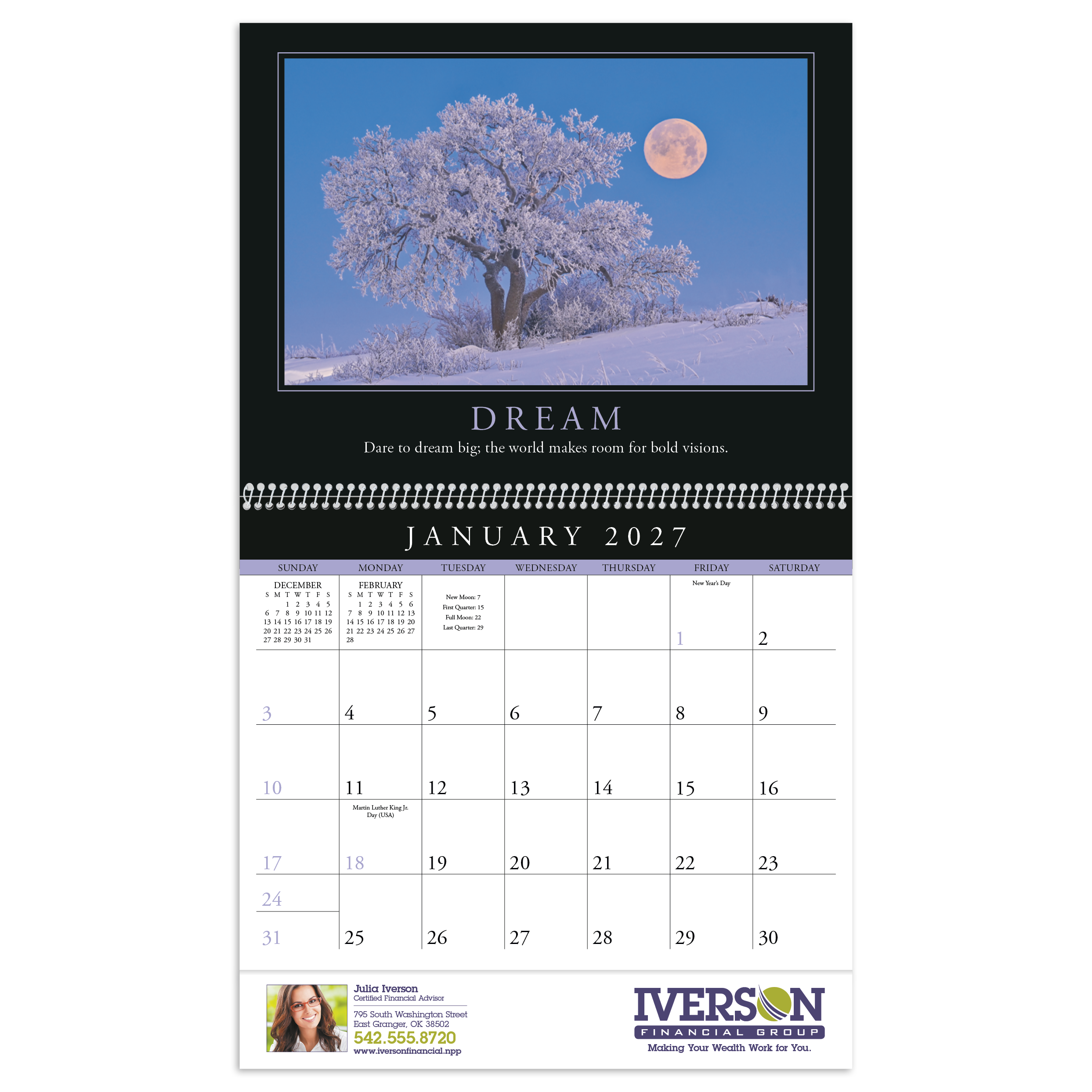 Motivations Spiral Calendar with a full-color scenic nature cover featuring an inspirational quote, white paper pages, and spiral binding, designed for year-round wall display in home, office, or workspace settings.