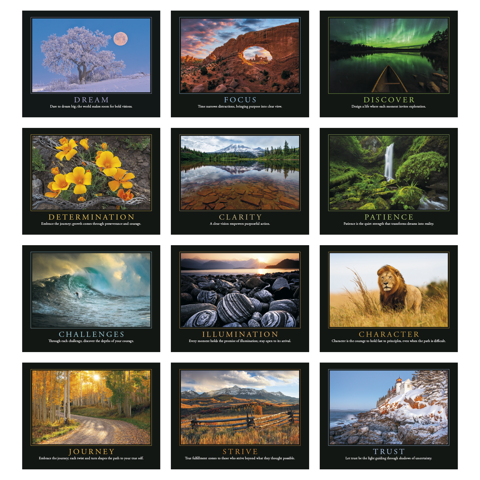 Motivations Spiral Calendar with a full-color scenic nature cover featuring an inspirational quote, white paper pages, and spiral binding, designed for year-round wall display in home, office, or workspace settings.