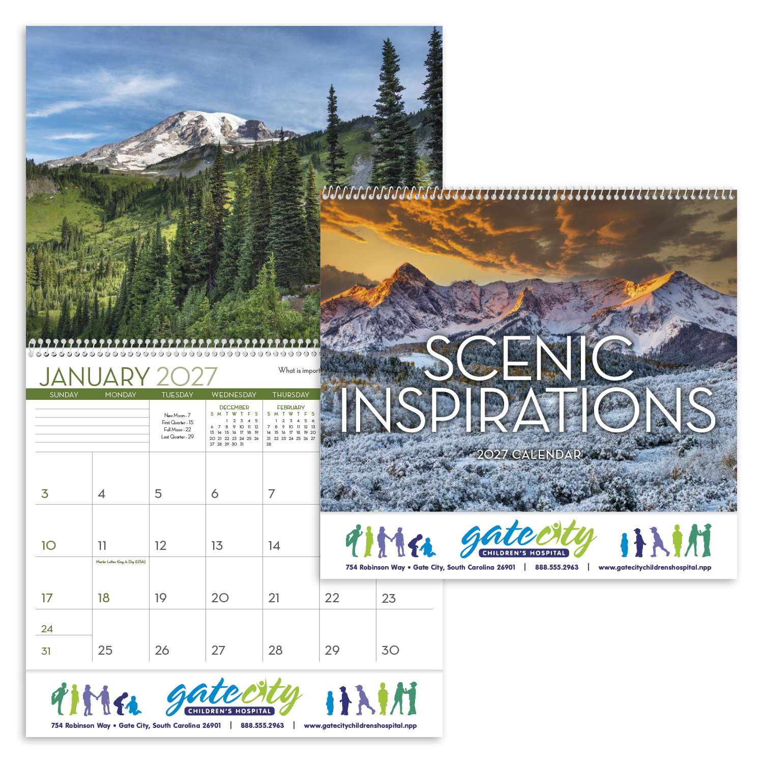 Scenic Inspirations Calendar featuring a full-color nature landscape with an inspirational quote on a white paper wall calendar, designed for year-round home or office planning and décor.