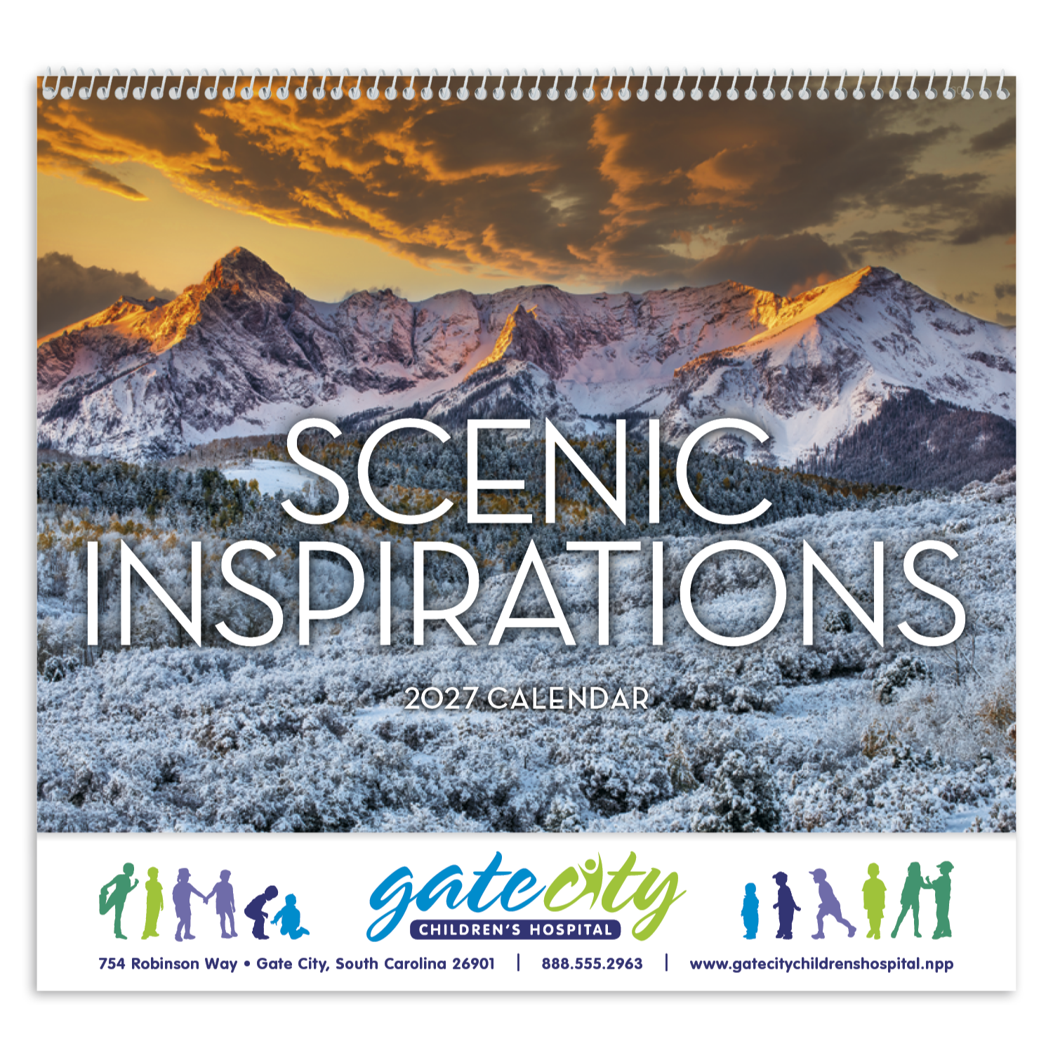 Scenic Inspirations Calendar featuring a full-color nature landscape with an inspirational quote on a white paper wall calendar, designed for year-round home or office planning and décor.