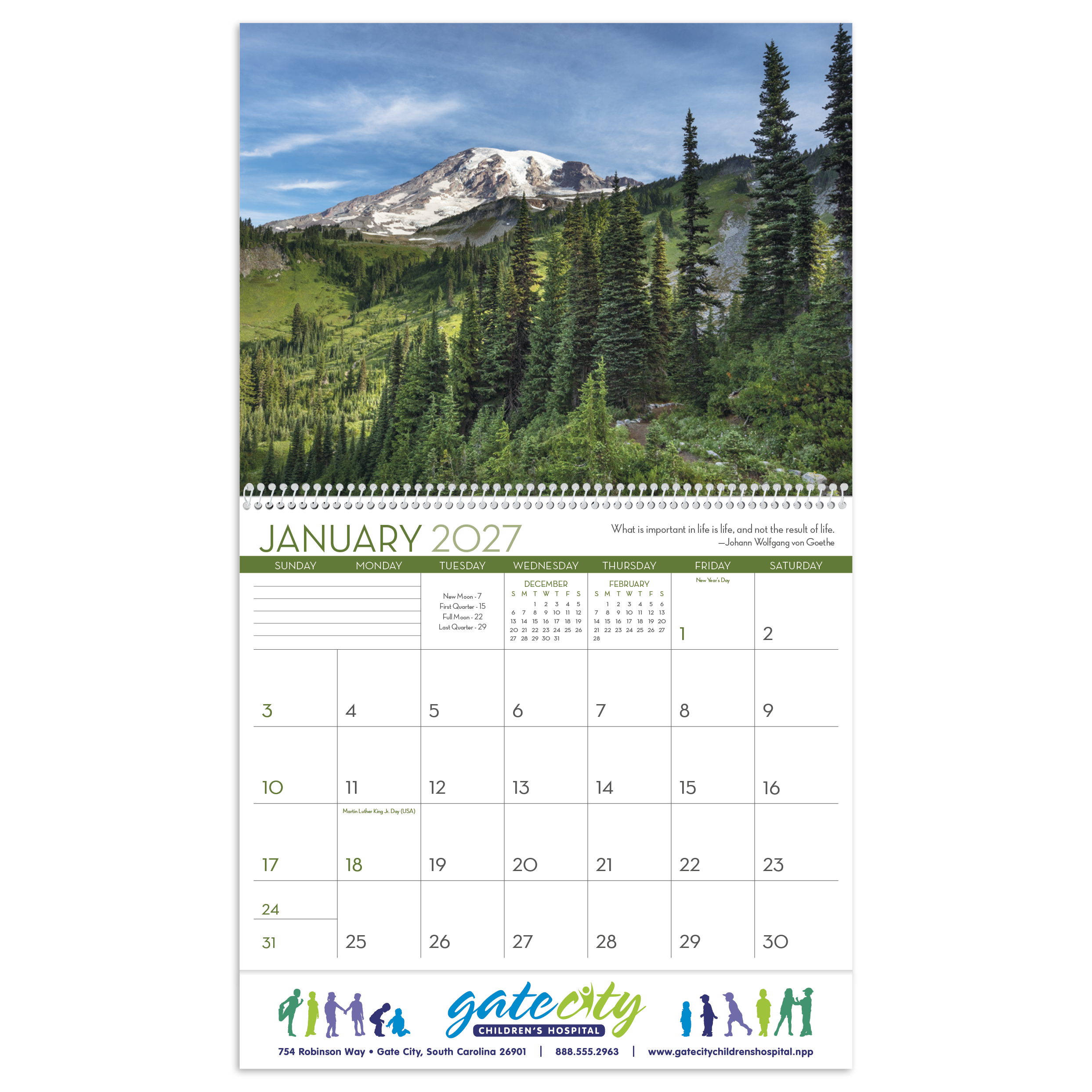 Scenic Inspirations Calendar featuring a full-color nature landscape with an inspirational quote on a white paper wall calendar, designed for year-round home or office planning and décor.