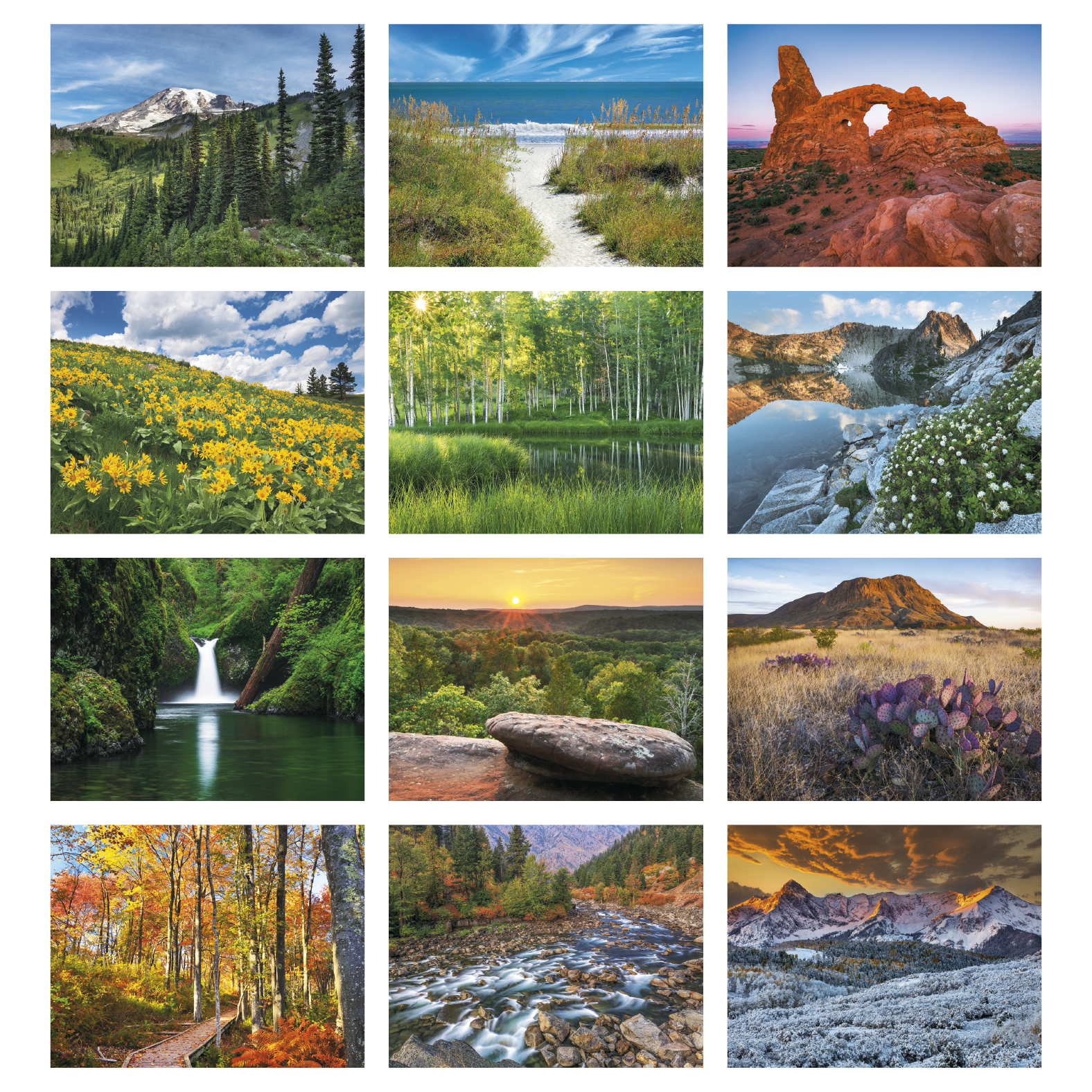 Scenic Inspirations Calendar featuring a full-color nature landscape with an inspirational quote on a white paper wall calendar, designed for year-round home or office planning and décor.
