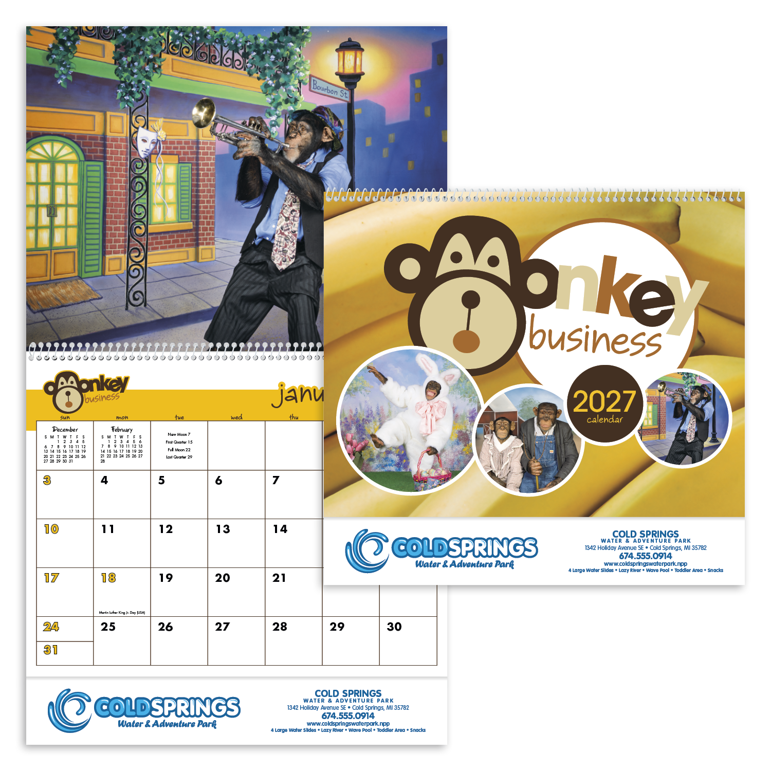 Monkey Business Calendar featuring playful full-color monkey wildlife photography on a glossy paper wall calendar with a monthly date grid, ideal for home or office planning and organization.