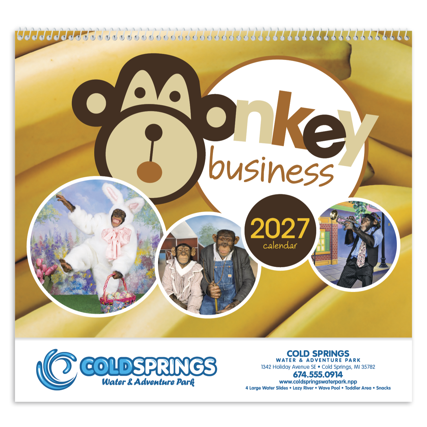 Monkey Business Calendar featuring playful full-color monkey wildlife photography on a glossy paper wall calendar with a monthly date grid, ideal for home or office planning and organization.