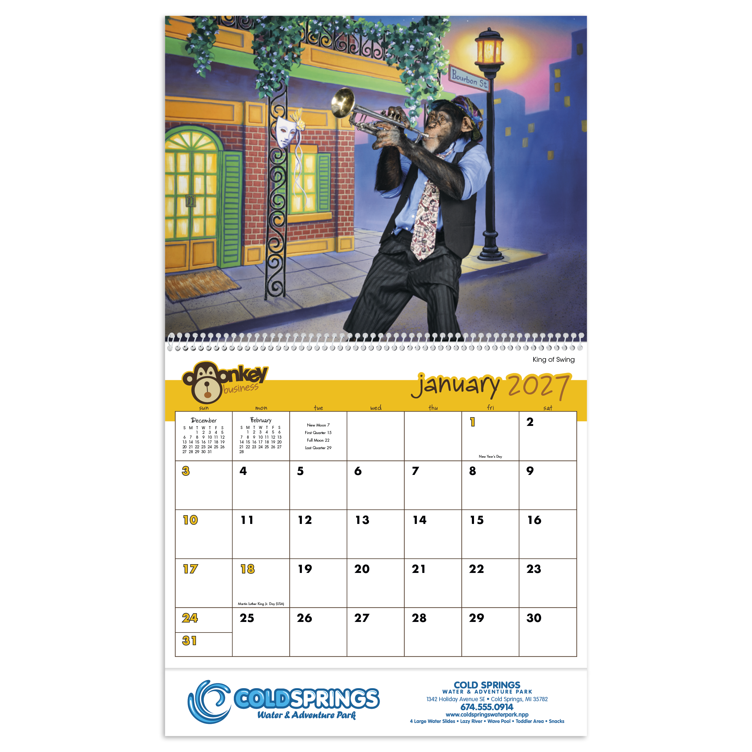 Monkey Business Calendar featuring playful full-color monkey wildlife photography on a glossy paper wall calendar with a monthly date grid, ideal for home or office planning and organization.