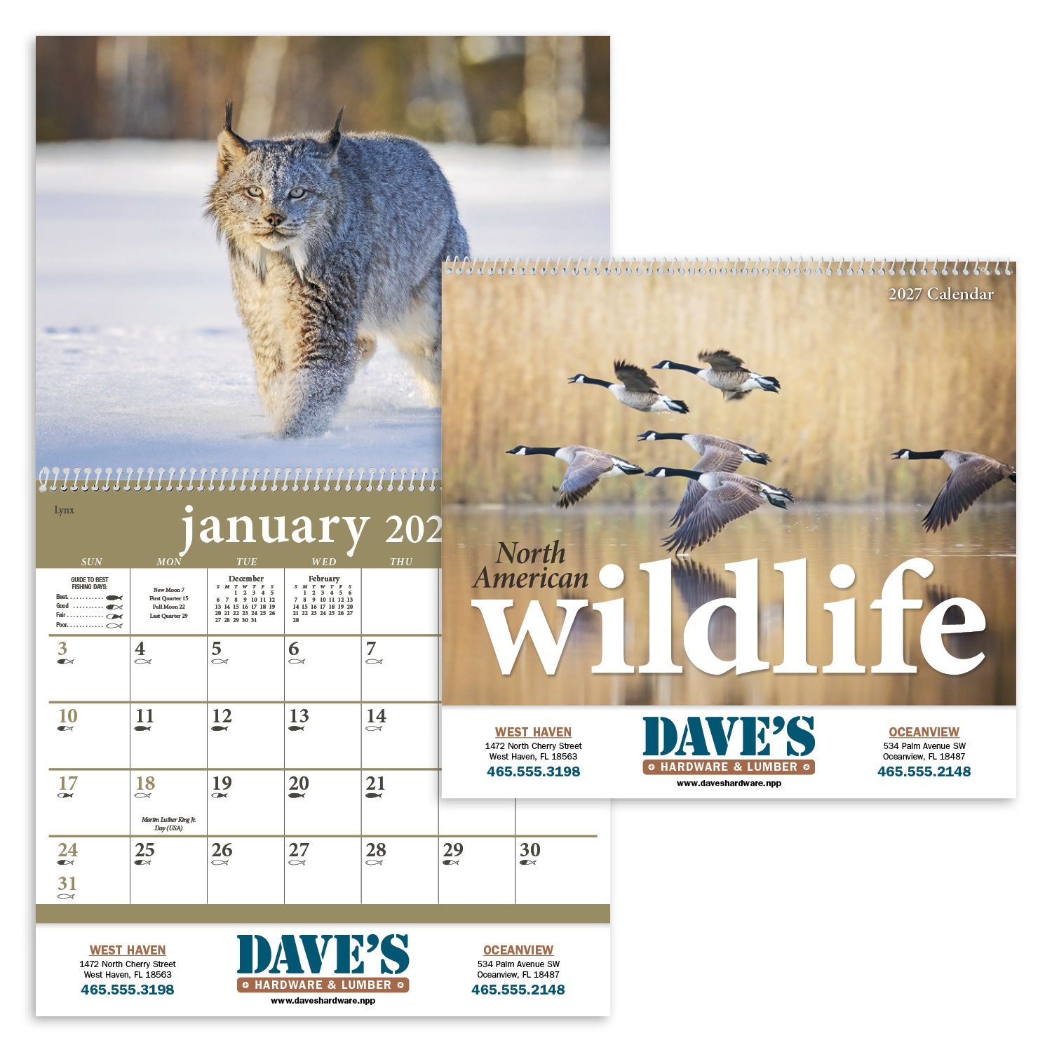2027 North American Wildlife wall calendar featuring realistic wildlife illustrations, monthly calendar pages, and an outdoor-themed design with a gloss cover.