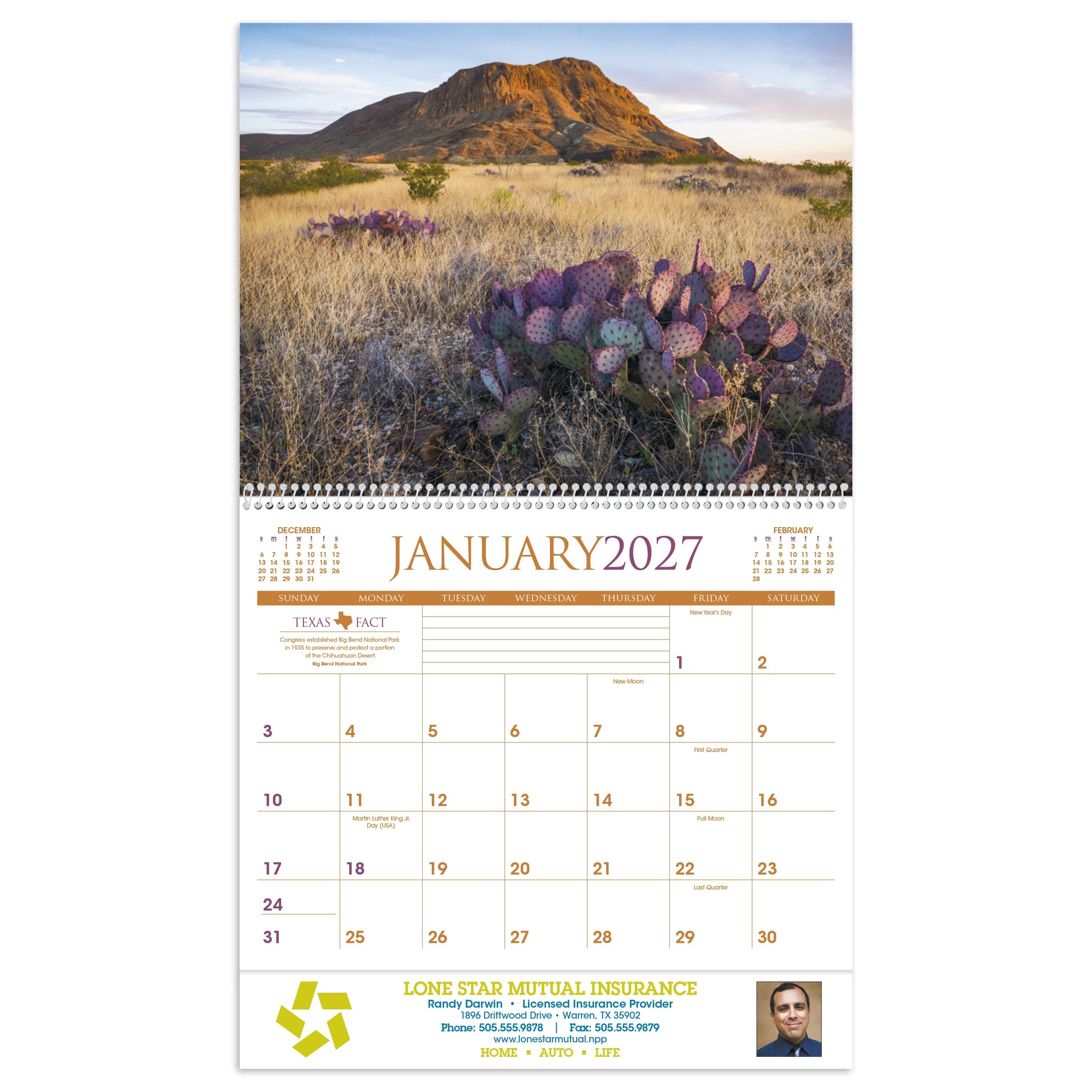 2027 Texas wall calendar featuring scenic photographs of Texas landscapes with monthly calendar pages and a glossy UV-coated cover.