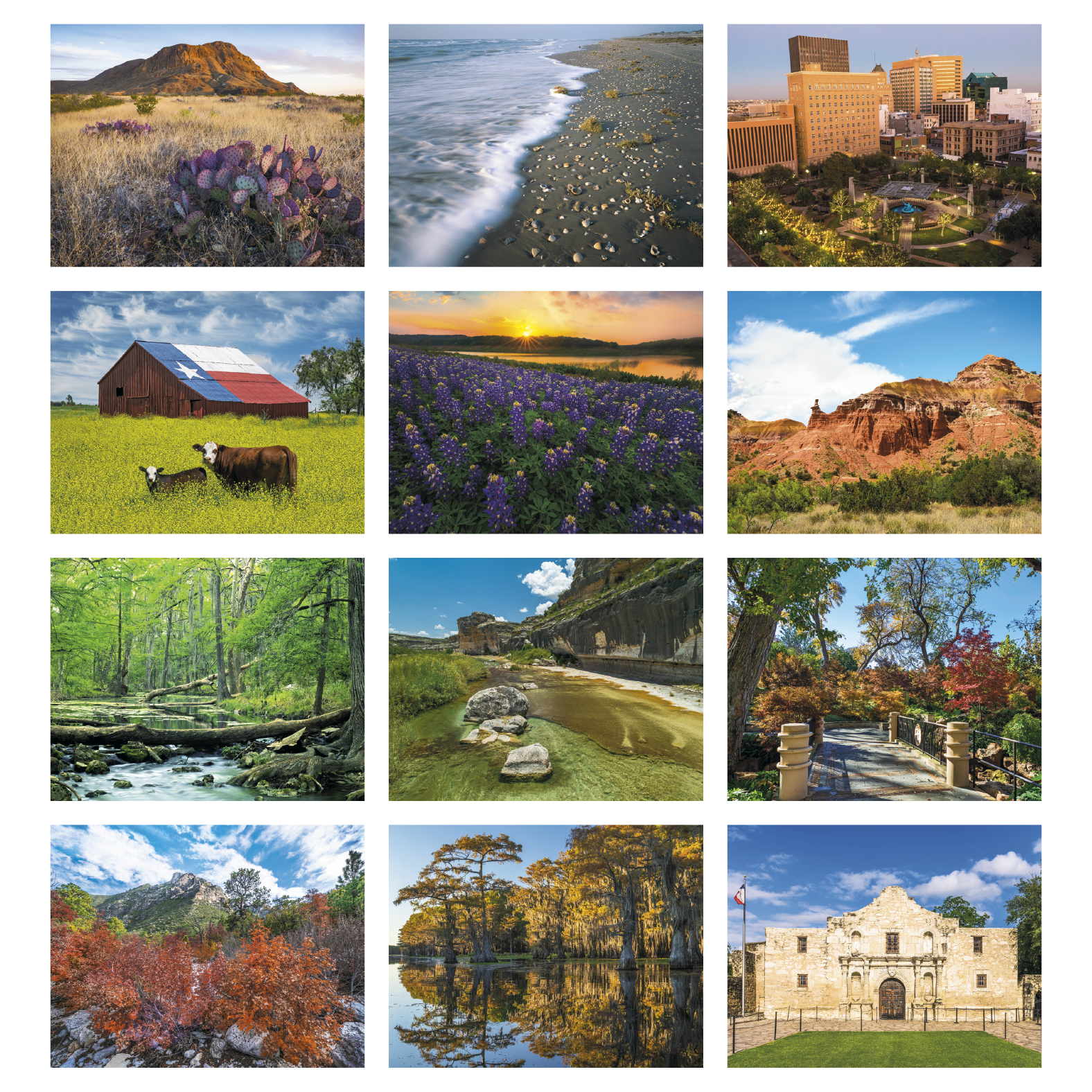 2027 Texas wall calendar featuring scenic photographs of Texas landscapes with monthly calendar pages and a glossy UV-coated cover.