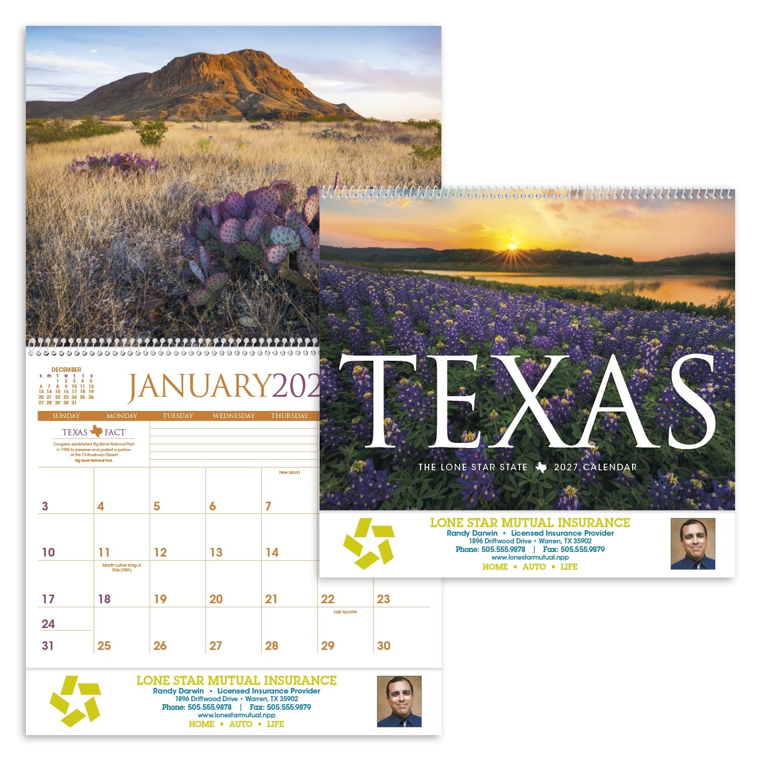 2027 Texas wall calendar featuring scenic photographs of Texas landscapes with monthly calendar pages and a glossy UV-coated cover.