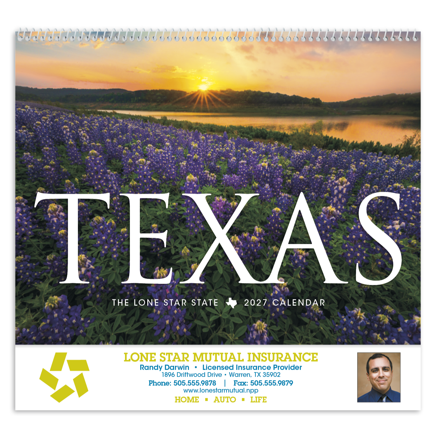 2027 Texas wall calendar featuring scenic photographs of Texas landscapes with monthly calendar pages and a glossy UV-coated cover.