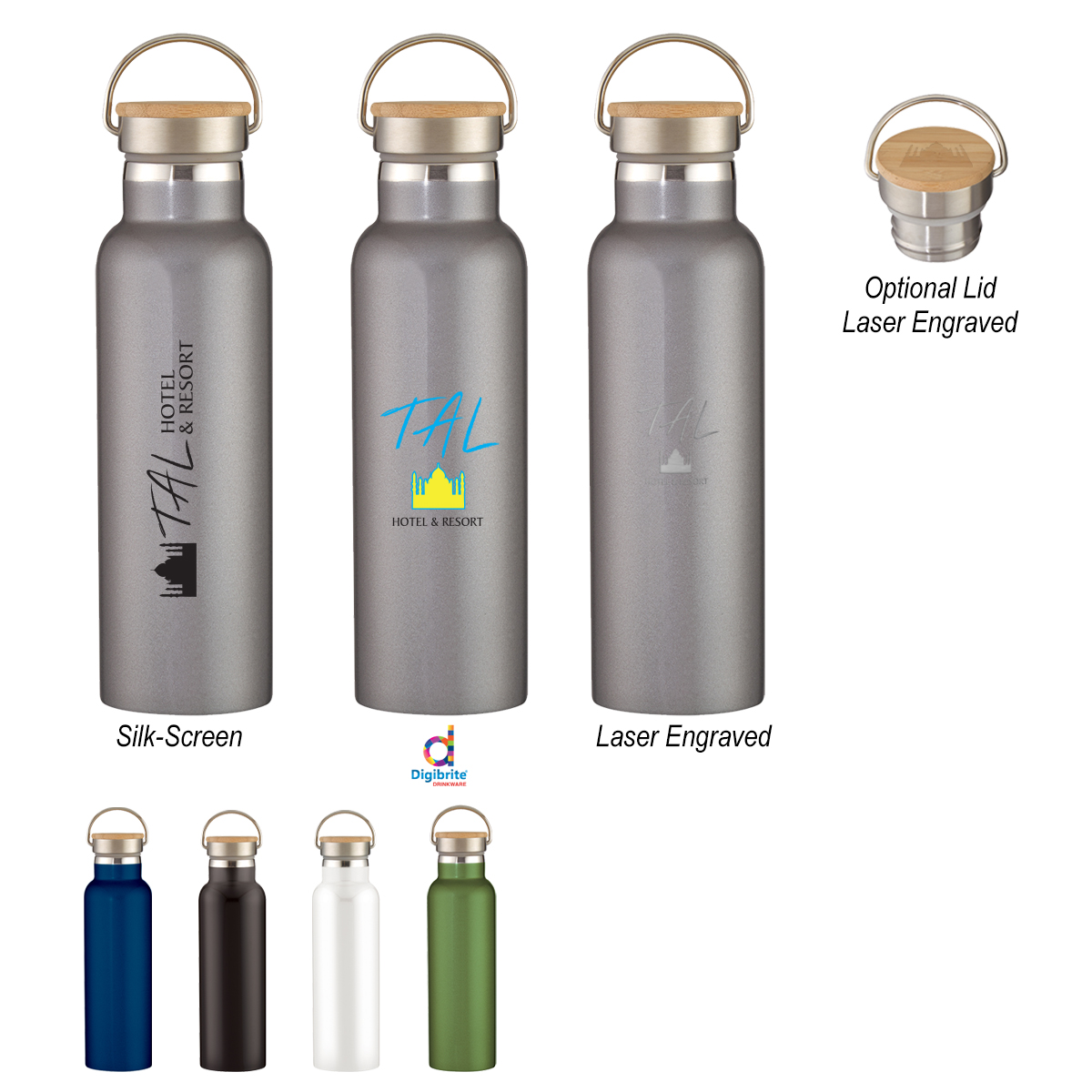 Tipton 21 oz. stainless steel water bottle with a smooth matte finish, natural bamboo screw-on lid with carry handle, and sleek vacuum-insulated design for everyday hydration, commuting, travel, or the office.