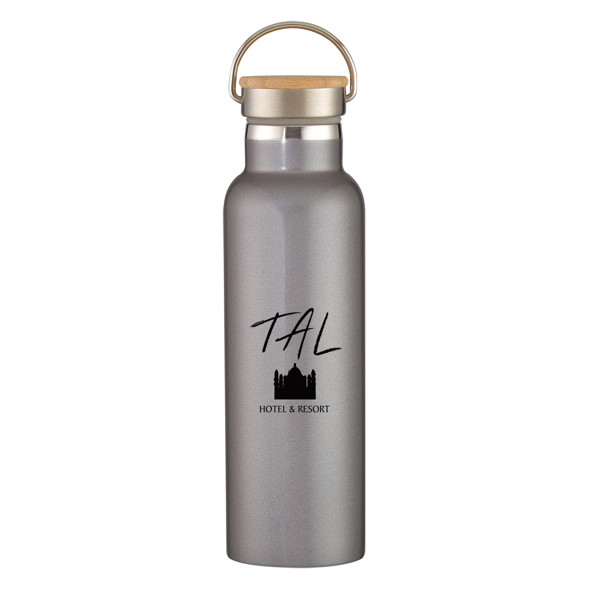 Graphite Tipton 21 oz. stainless steel water bottle with a smooth matte finish, natural bamboo screw-on lid with carry handle, and sleek vacuum-insulated design for everyday hydration, commuting, travel, or the office.