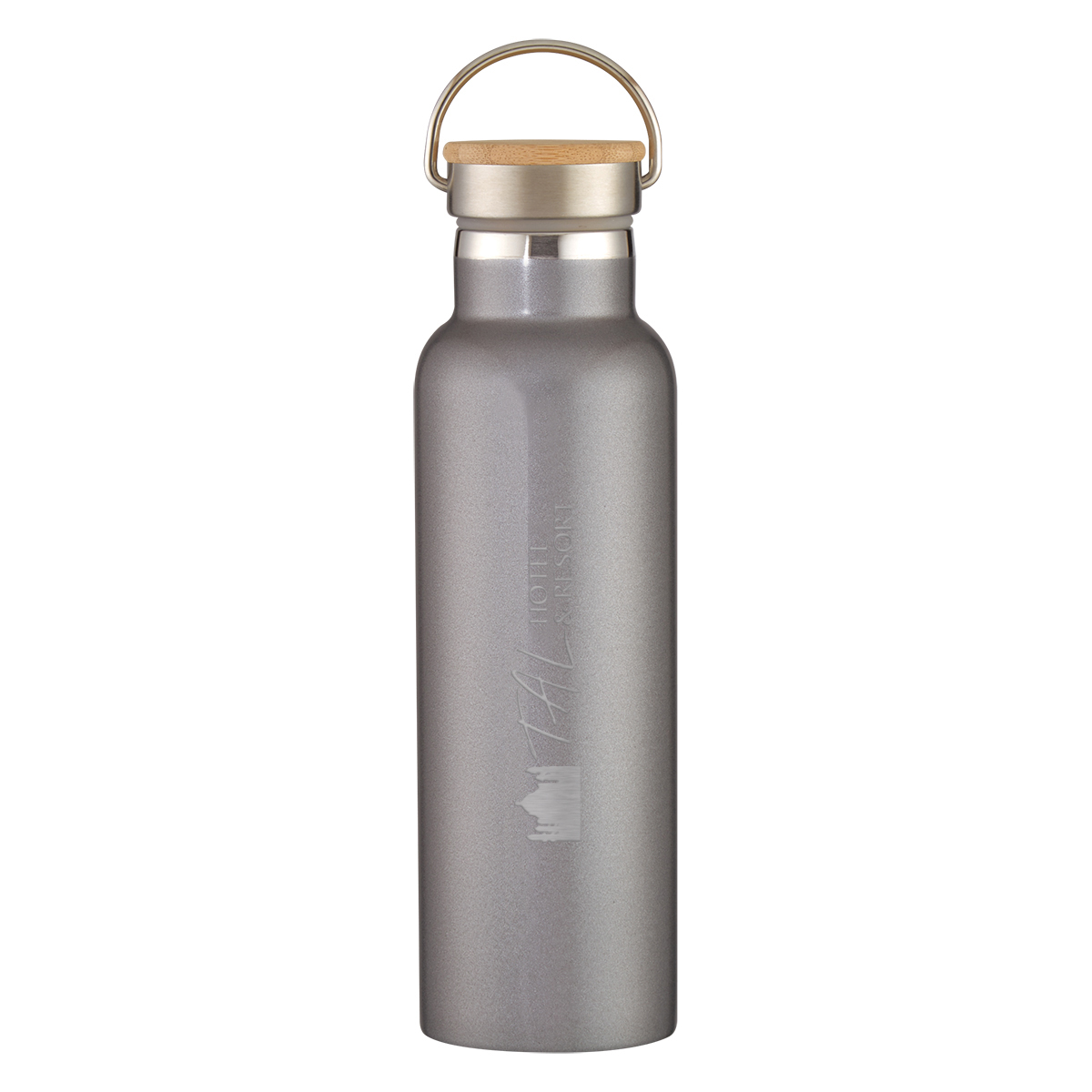 Graphite Tipton 21 oz. stainless steel water bottle with a smooth matte finish, natural bamboo screw-on lid with carry handle, and sleek vacuum-insulated design for everyday hydration, commuting, travel, or the office.