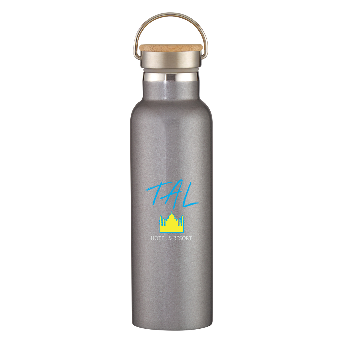 Graphite Tipton 21 oz. stainless steel water bottle with a smooth matte finish, natural bamboo screw-on lid with carry handle, and sleek vacuum-insulated design for everyday hydration, commuting, travel, or the office.