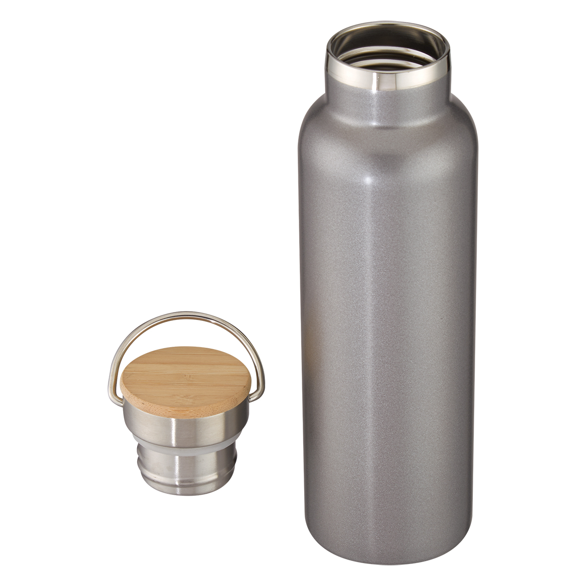 Graphite Tipton 21 oz. stainless steel water bottle with a smooth matte finish, natural bamboo screw-on lid with carry handle, and sleek vacuum-insulated design for everyday hydration, commuting, travel, or the office.