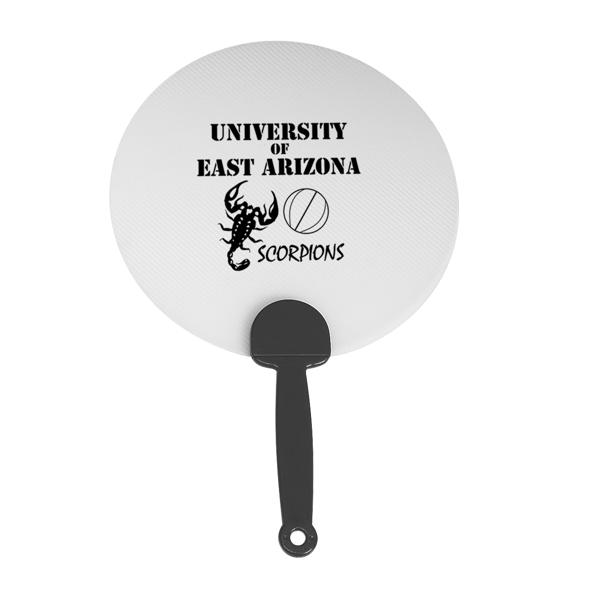 Clear plastic hand fan with a black handle featuring a large fan surface for cooling at sporting events, outdoor activities, and promotional giveaways.