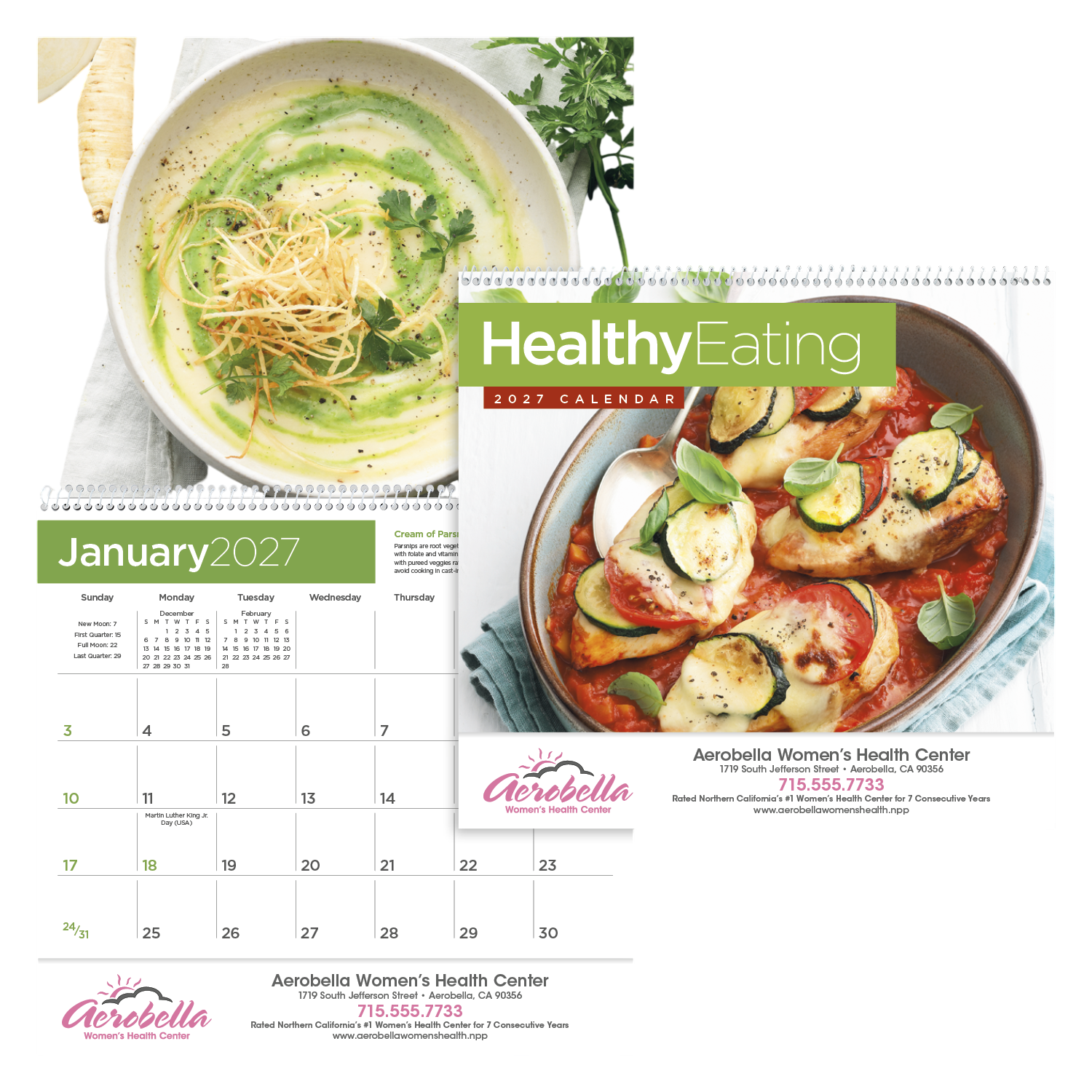 Healthy Eating Calendar featuring 12 colorful food photos with healthy eating tips, designed for monthly meal planning and wellness inspiration.