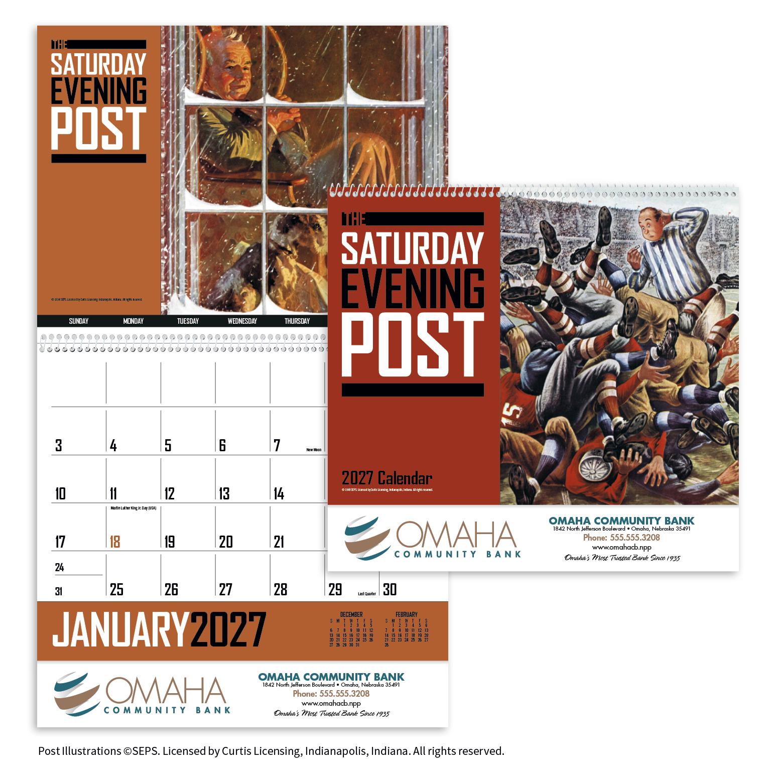 The Saturday Evening Post Calendar featuring vintage Americana artwork and colorful monthly illustrations, designed for home or office planning and display.