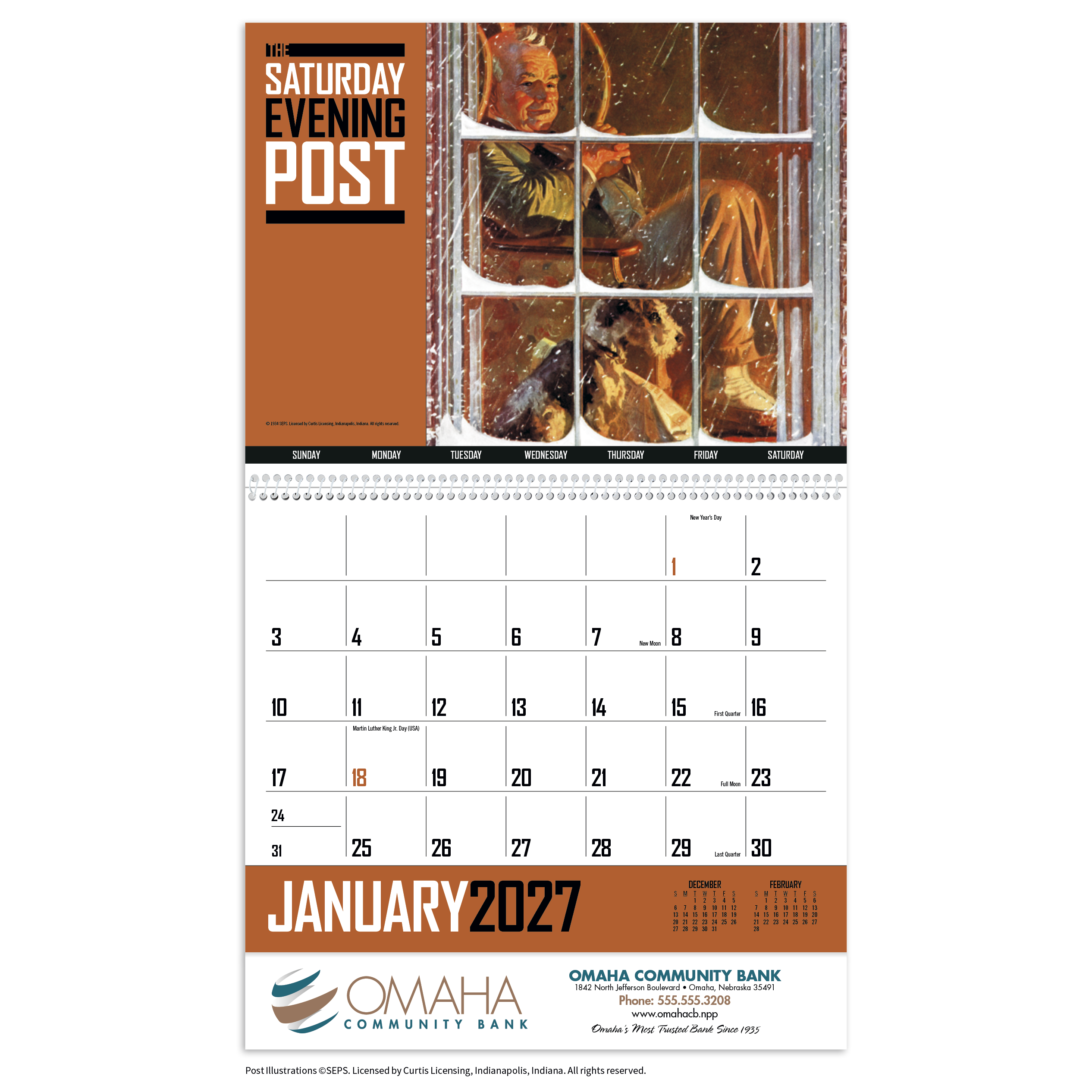 The Saturday Evening Post Calendar featuring vintage Americana artwork and colorful monthly illustrations, designed for home or office planning and display.