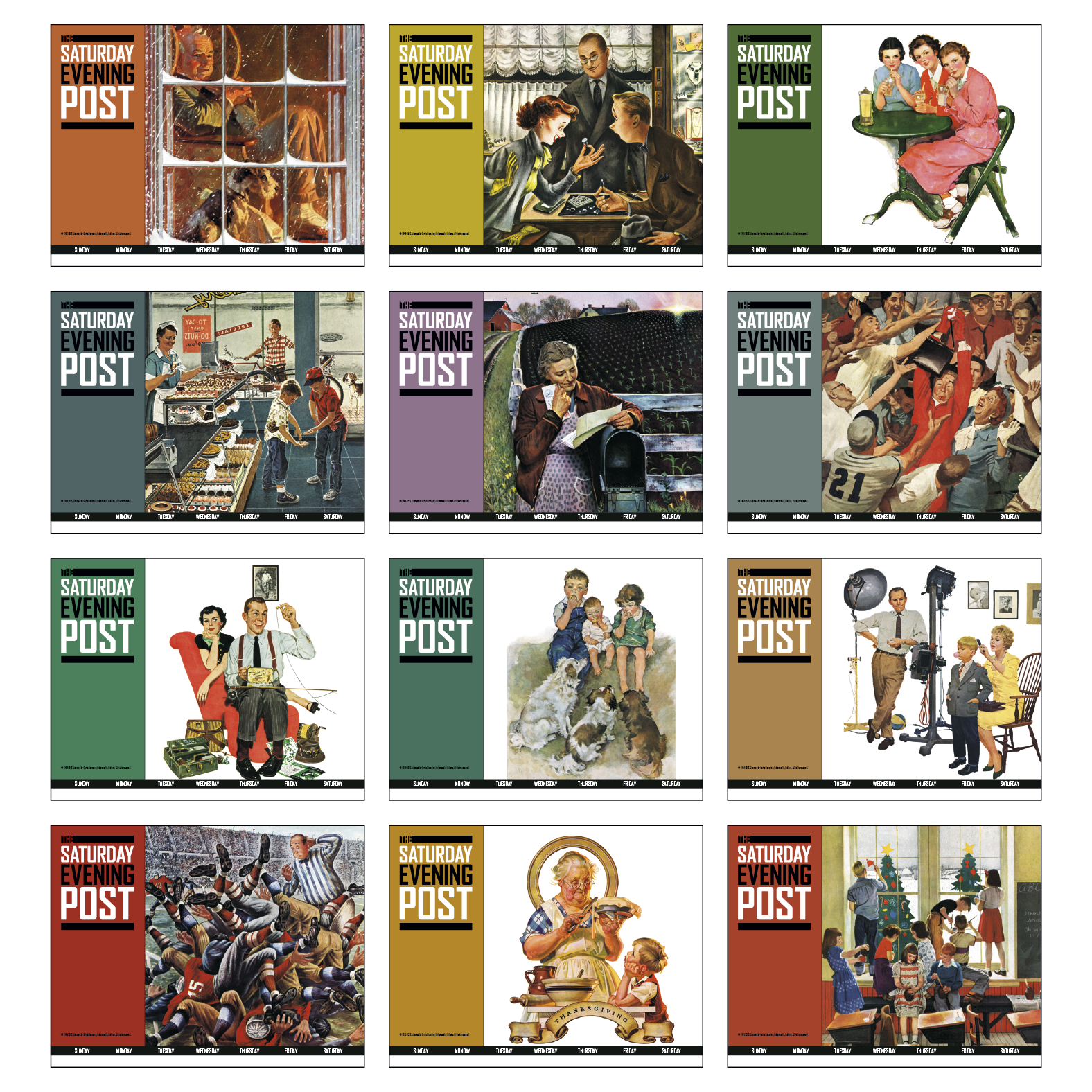 The Saturday Evening Post Calendar featuring vintage Americana artwork and colorful monthly illustrations, designed for home or office planning and display.