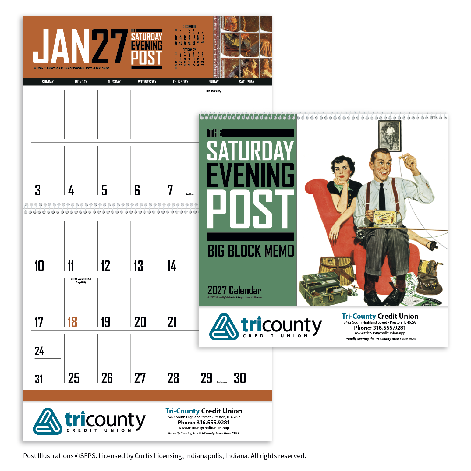 The Saturday Evening Post Big Block Memo Calendar featuring a classic Saturday Evening Post cover design, spacious memo area, and monthly calendar grid for organizing appointments and notes at home or in the office.