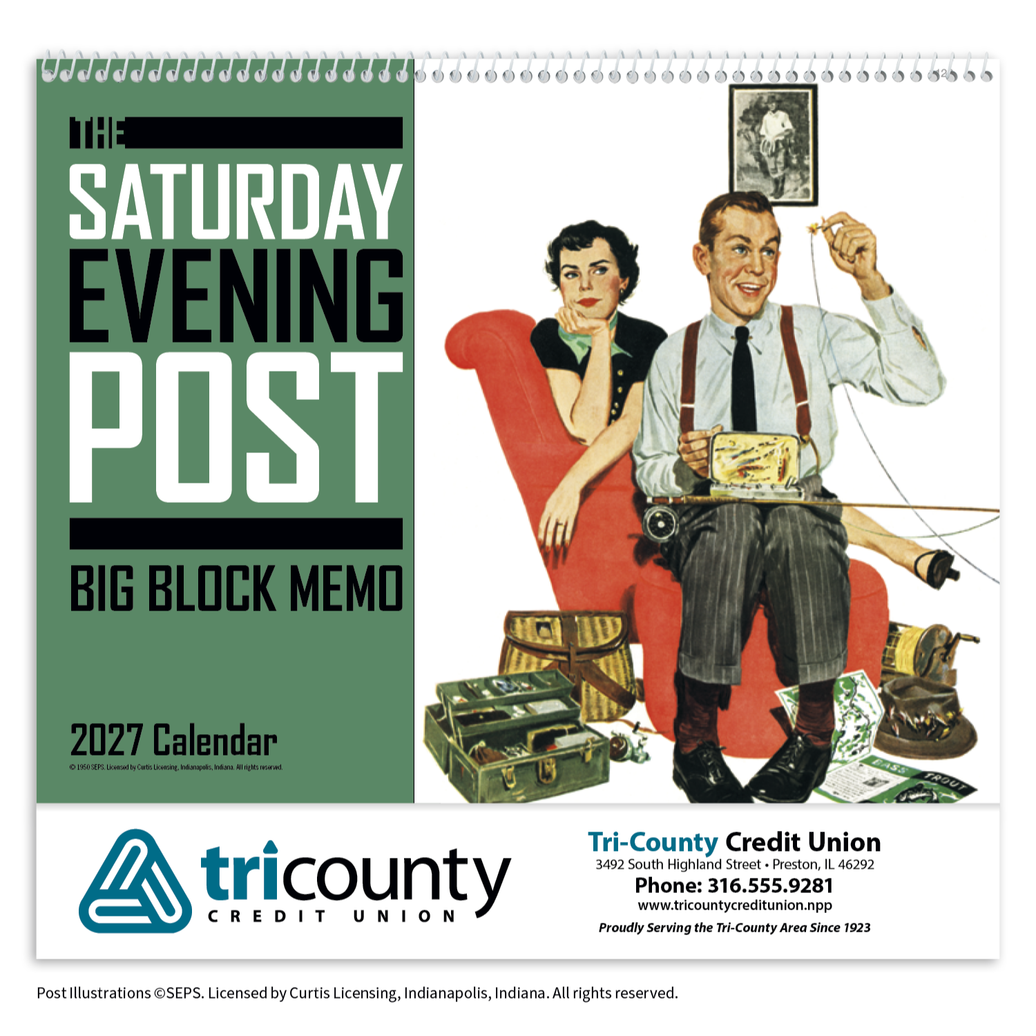 The Saturday Evening Post Big Block Memo Calendar featuring a classic Saturday Evening Post cover design, spacious memo area, and monthly calendar grid for organizing appointments and notes at home or in the office.