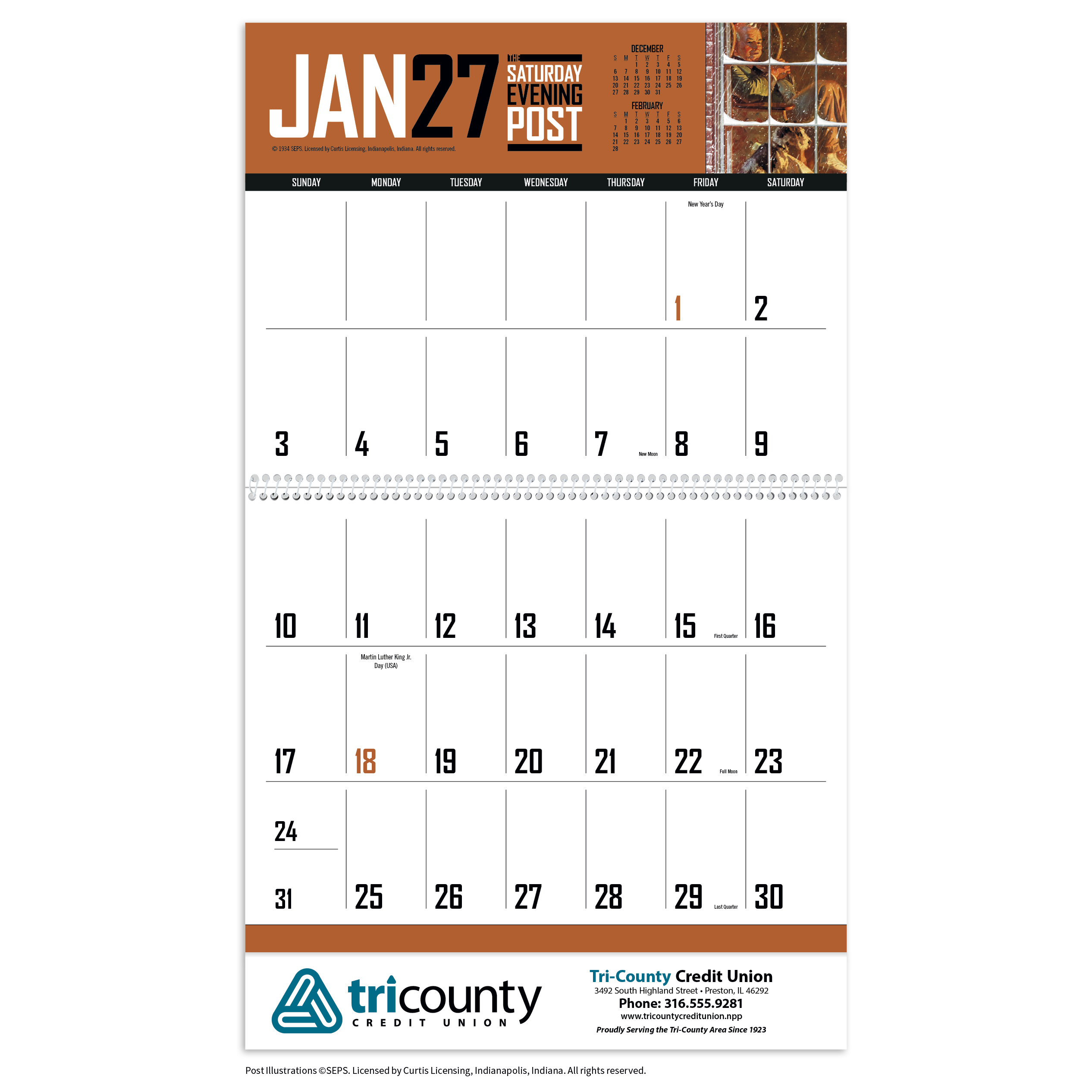 The Saturday Evening Post Big Block Memo Calendar featuring a classic Saturday Evening Post cover design, spacious memo area, and monthly calendar grid for organizing appointments and notes at home or in the office.