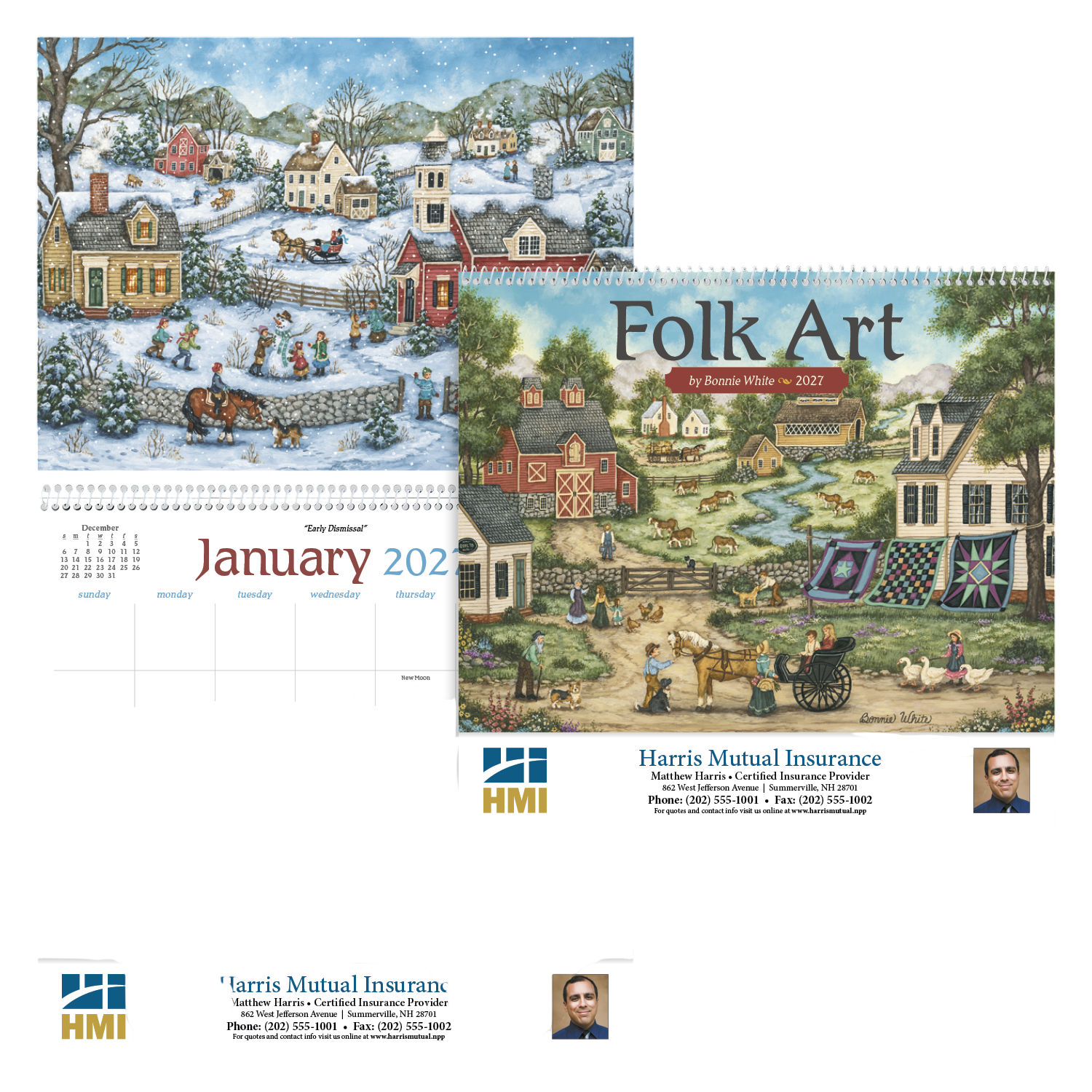 Folk Art Calendar featuring colorful traditional American folk art scenes and a monthly calendar grid, designed for home or office planning and display.