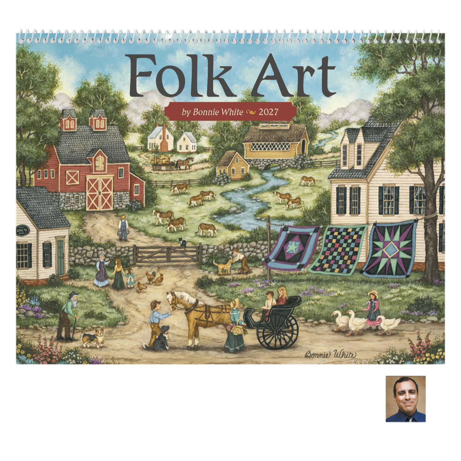 Folk Art Calendar featuring colorful traditional American folk art scenes and a monthly calendar grid, designed for home or office planning and display.