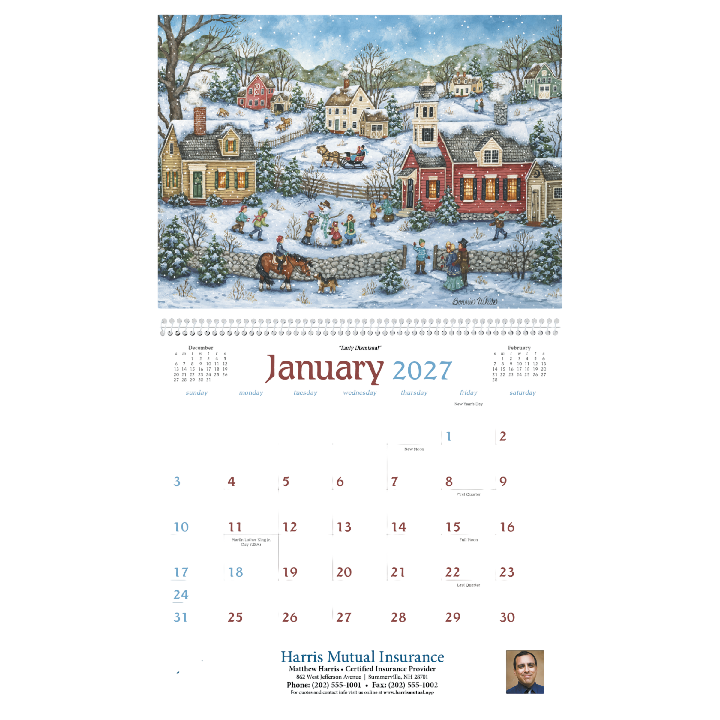 Folk Art Calendar featuring colorful traditional American folk art scenes and a monthly calendar grid, designed for home or office planning and display.