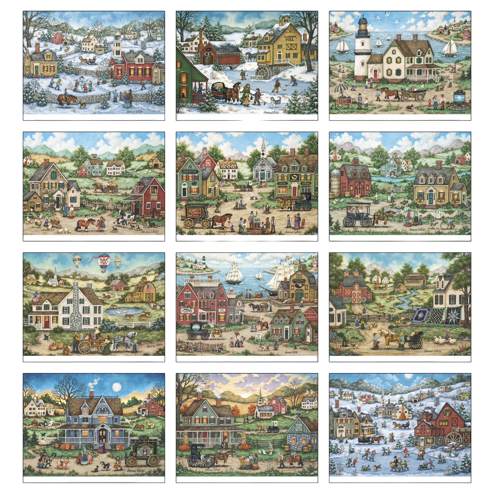 Folk Art Calendar featuring colorful traditional American folk art scenes and a monthly calendar grid, designed for home or office planning and display.