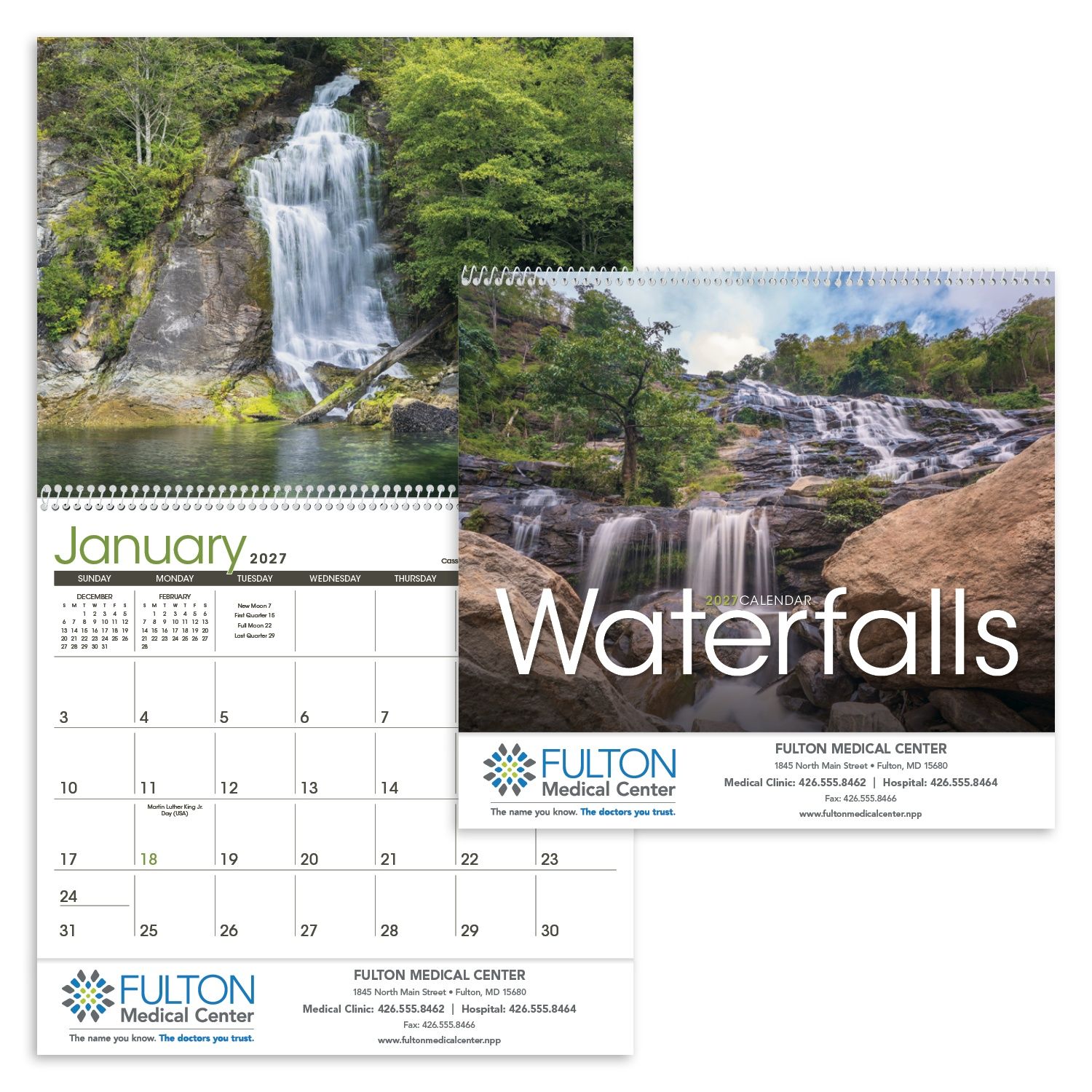 Waterfalls scenic wall calendar featuring breathtaking waterfall photography from around the world, printed on FSC®-certified paper with a full-year monthly calendar.