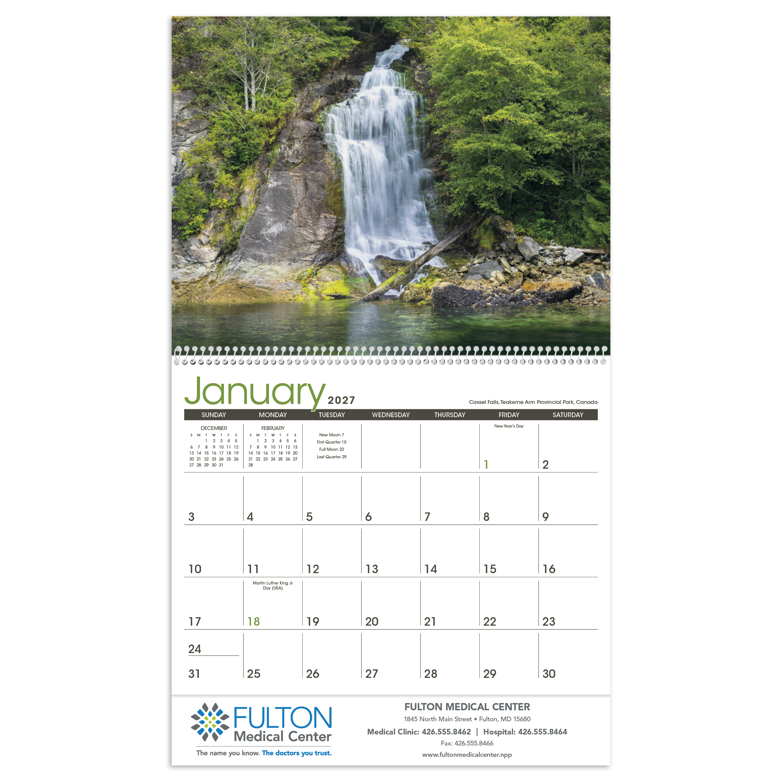 Waterfalls scenic wall calendar featuring breathtaking waterfall photography from around the world, printed on FSC®-certified paper with a full-year monthly calendar.