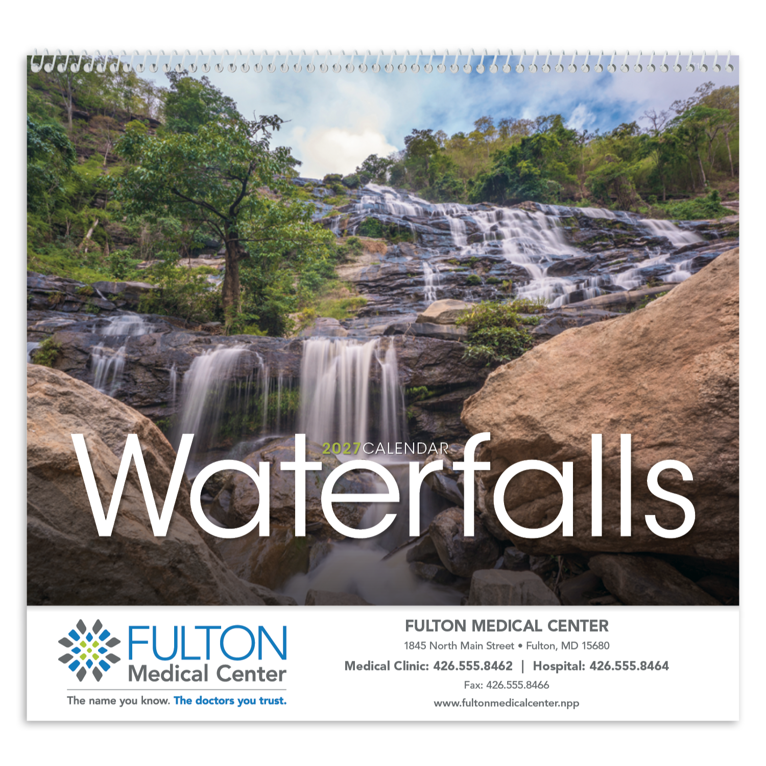 Waterfalls scenic wall calendar featuring breathtaking waterfall photography from around the world, printed on FSC®-certified paper with a full-year monthly calendar.