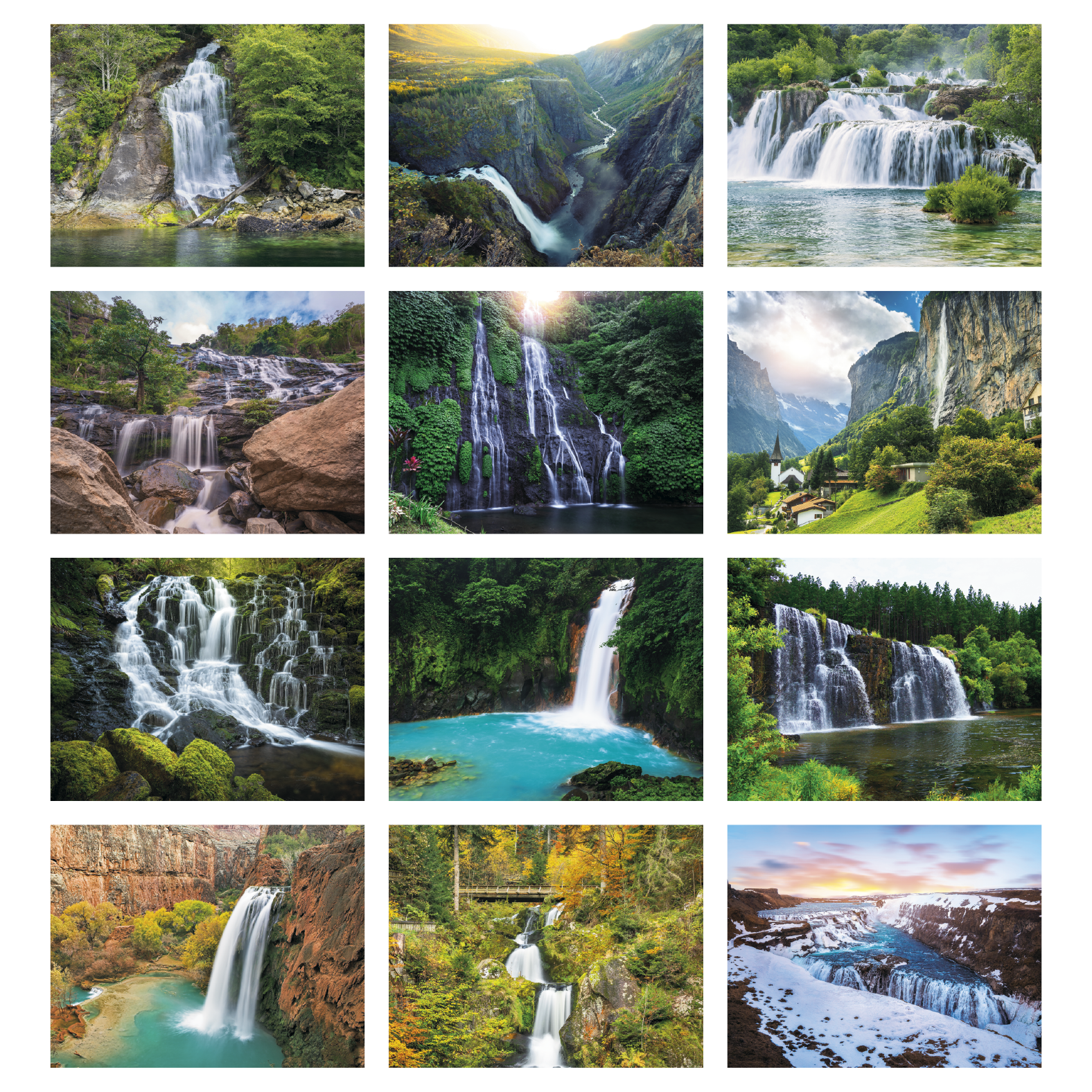Waterfalls scenic wall calendar featuring breathtaking waterfall photography from around the world, printed on FSC®-certified paper with a full-year monthly calendar.