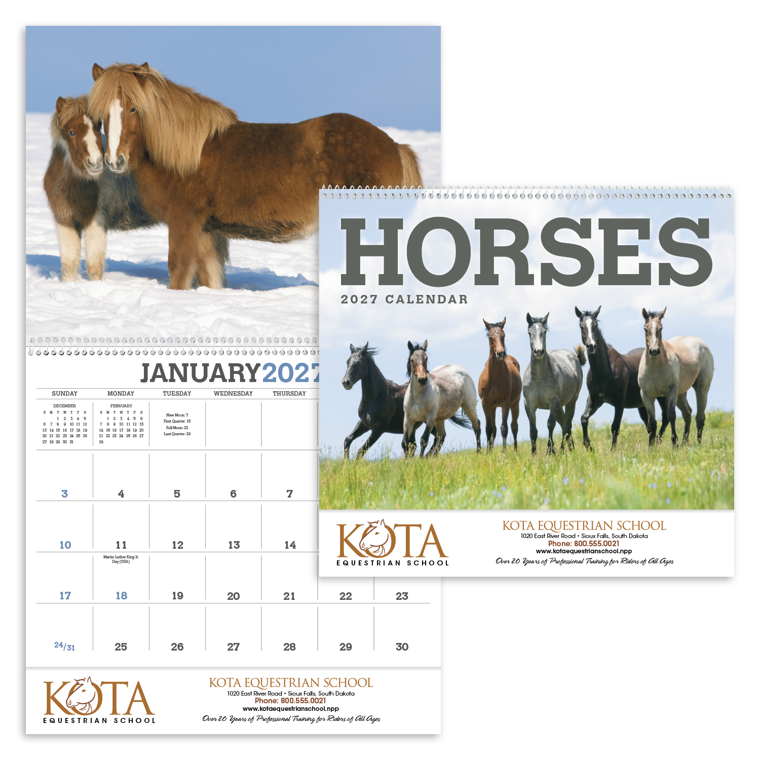 Horses Calendar featuring majestic horses in a scenic outdoor landscape with a large monthly date grid for home or office planning.