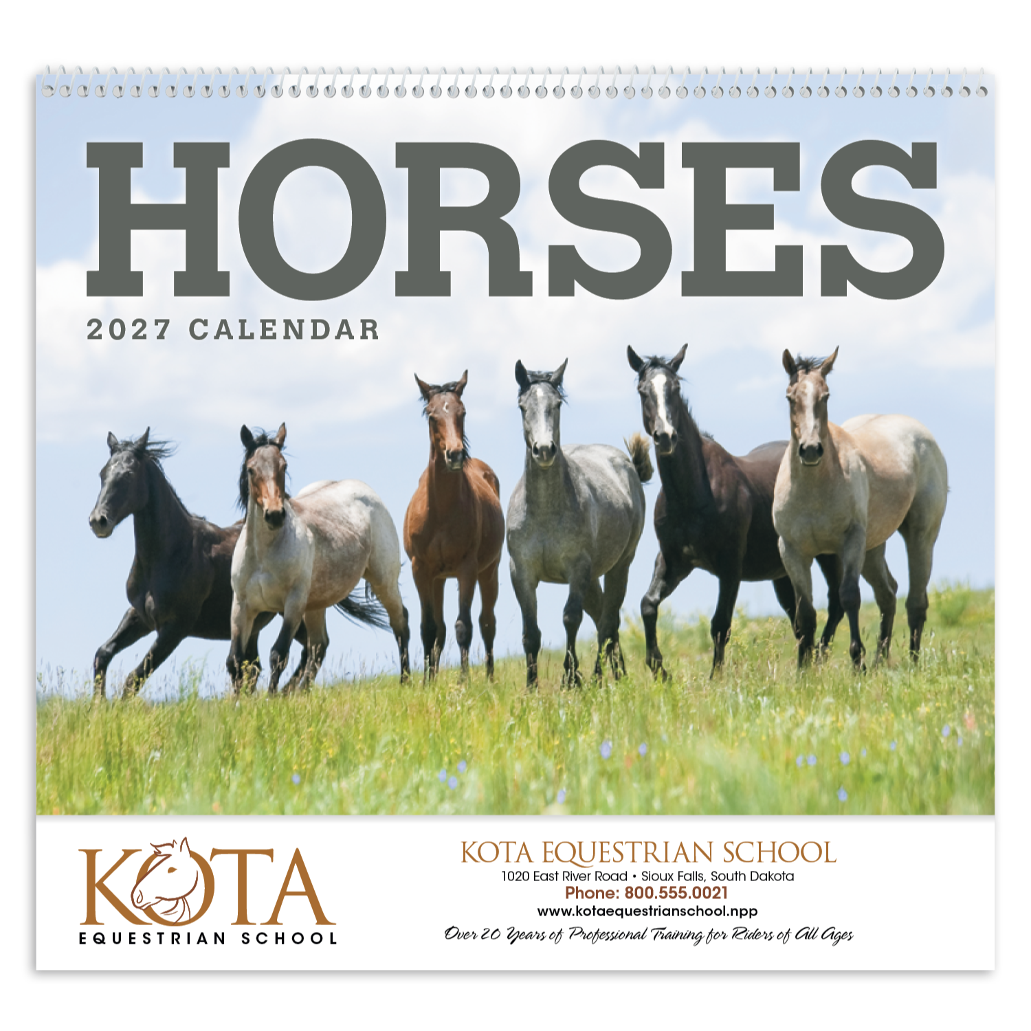 Horses Calendar featuring majestic horses in a scenic outdoor landscape with a large monthly date grid for home or office planning.