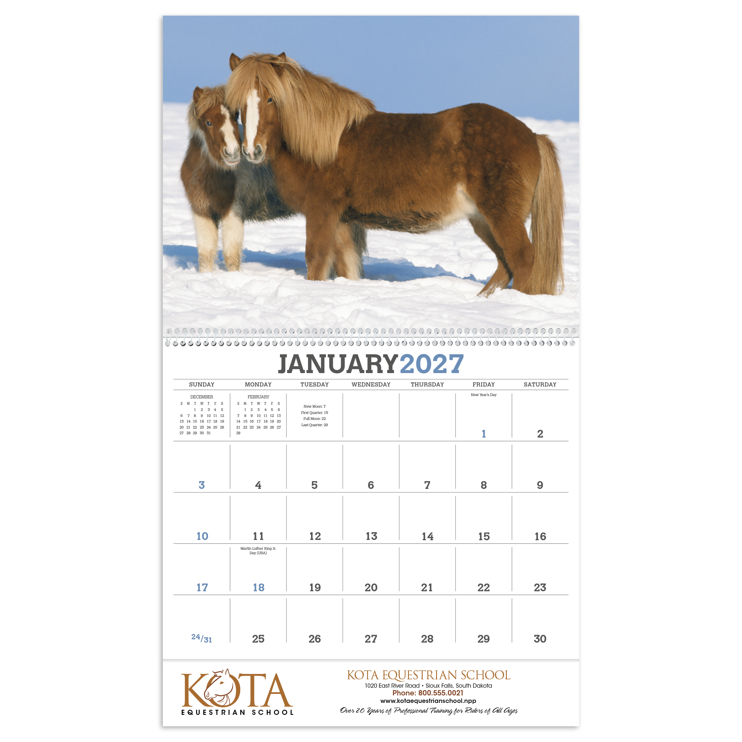 Horses Calendar featuring majestic horses in a scenic outdoor landscape with a large monthly date grid for home or office planning.