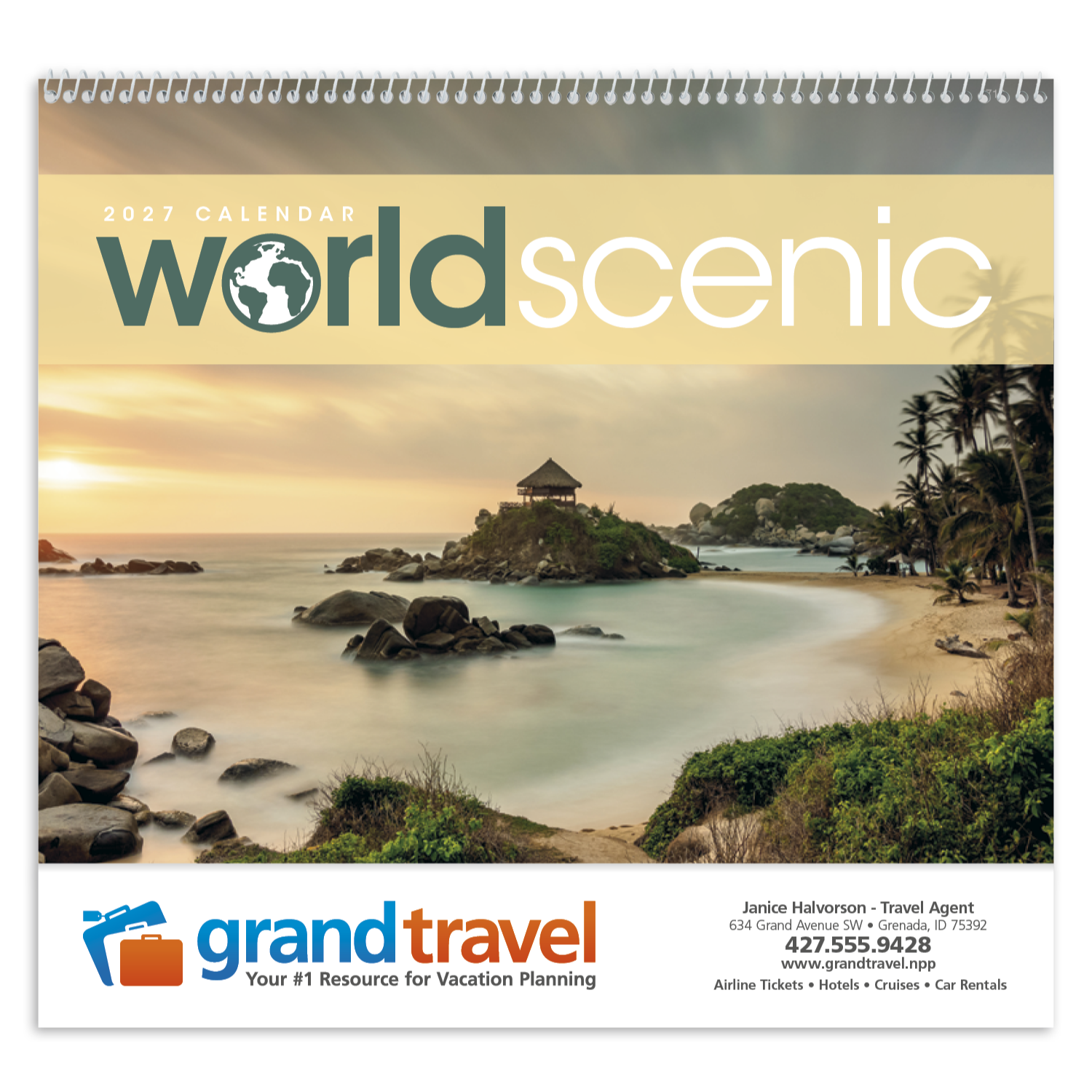 World Scenic wall calendar featuring beautiful landscape photography from destinations around the world, printed on FSC®-certified paper with a full-year monthly calendar.